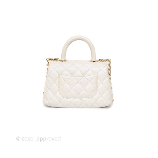 Chanel Mini Coco Handle Quilted Iridescent White Caviar Gold Hardware