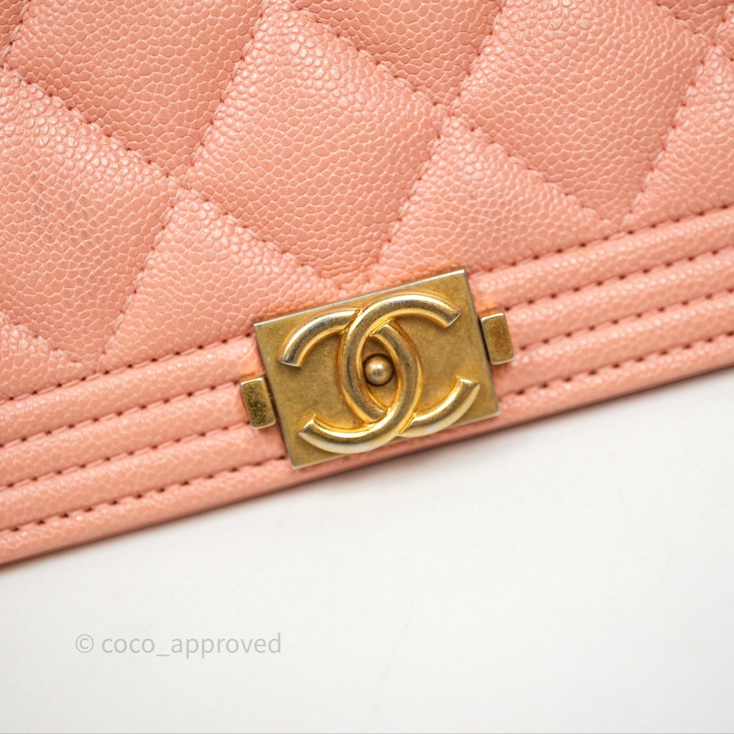 Chanel Boy Quilted Long Wallet Peach Caviar Aged Gold Hardware