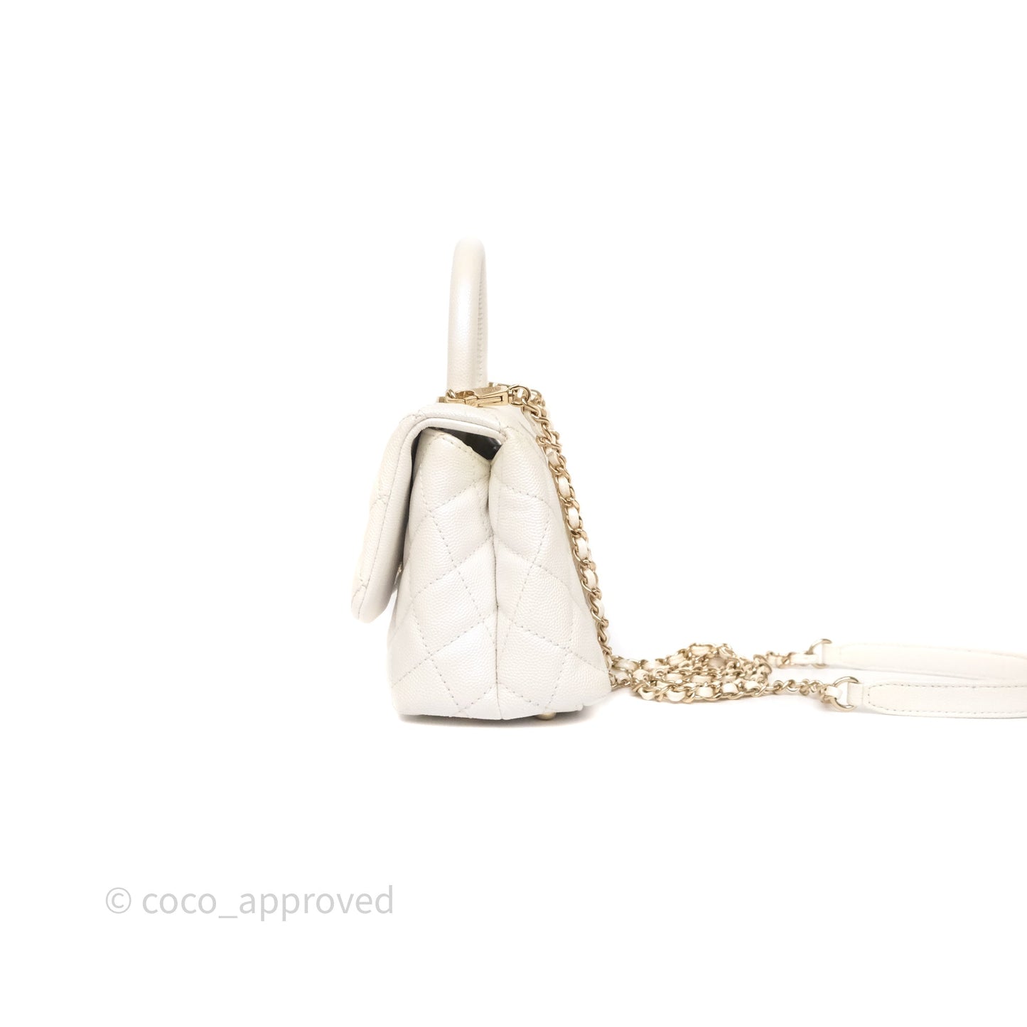 Chanel Mini Coco Handle Quilted Iridescent White Caviar Gold Hardware