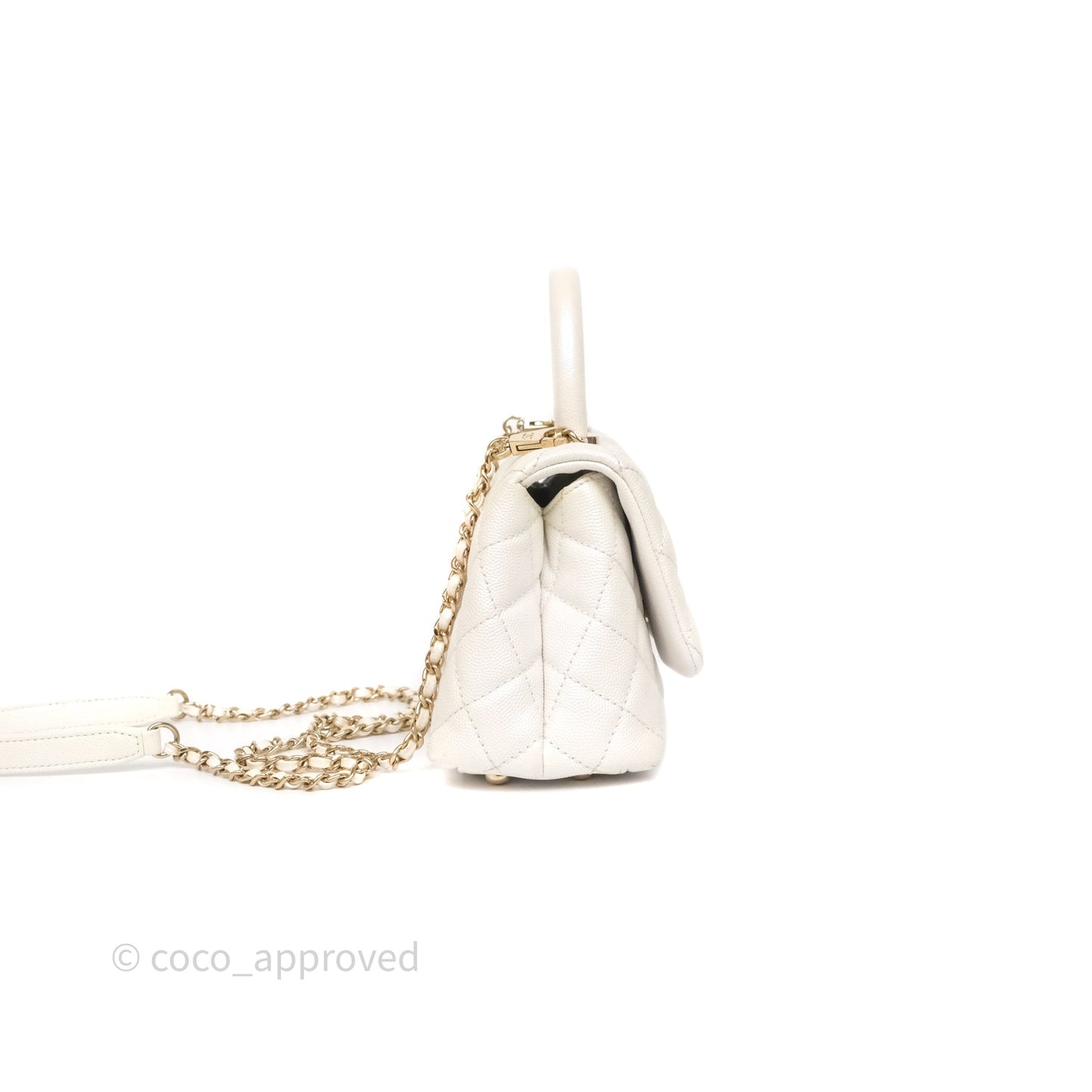 Chanel Mini Coco Handle Quilted Iridescent White Caviar Gold Hardware