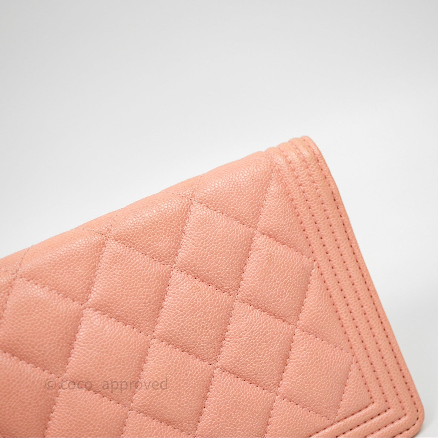 Chanel Boy Quilted Long Wallet Peach Caviar Aged Gold Hardware
