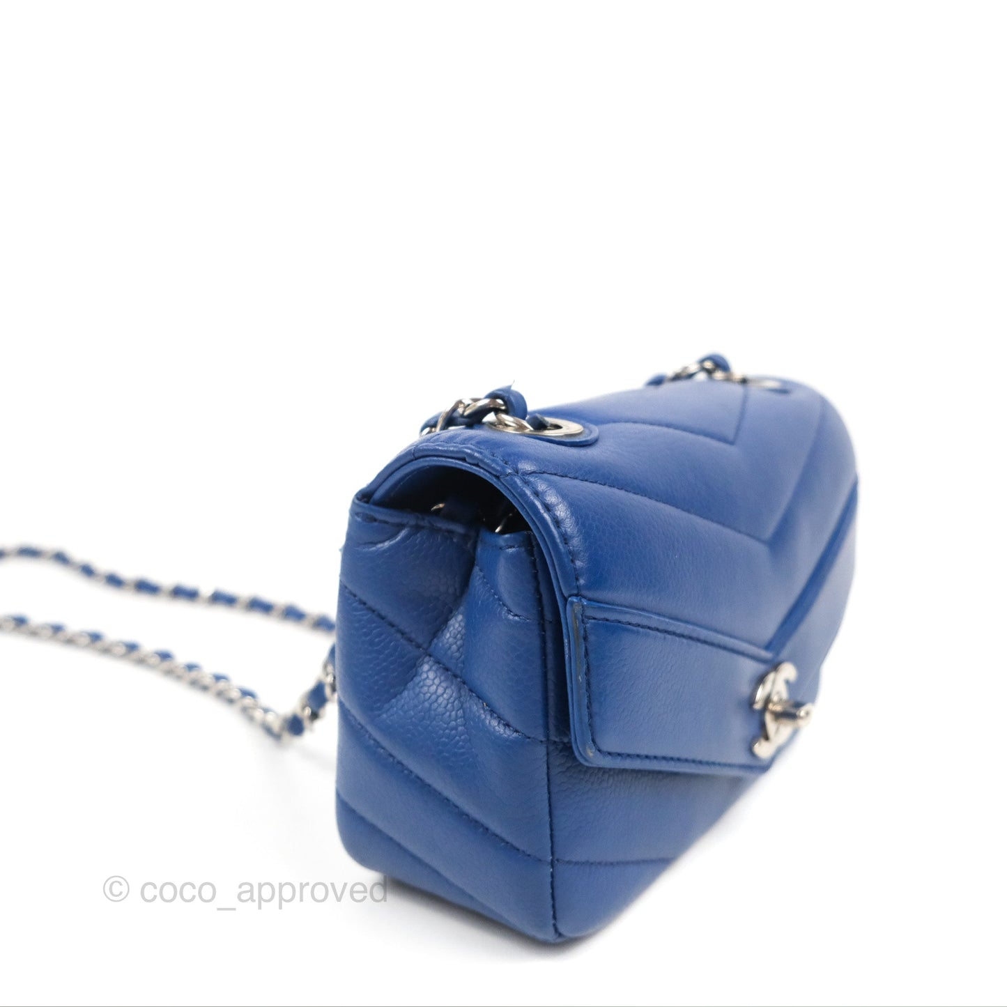 Chanel Chevron Flap Blue Grained Calfskin Silver Hardware