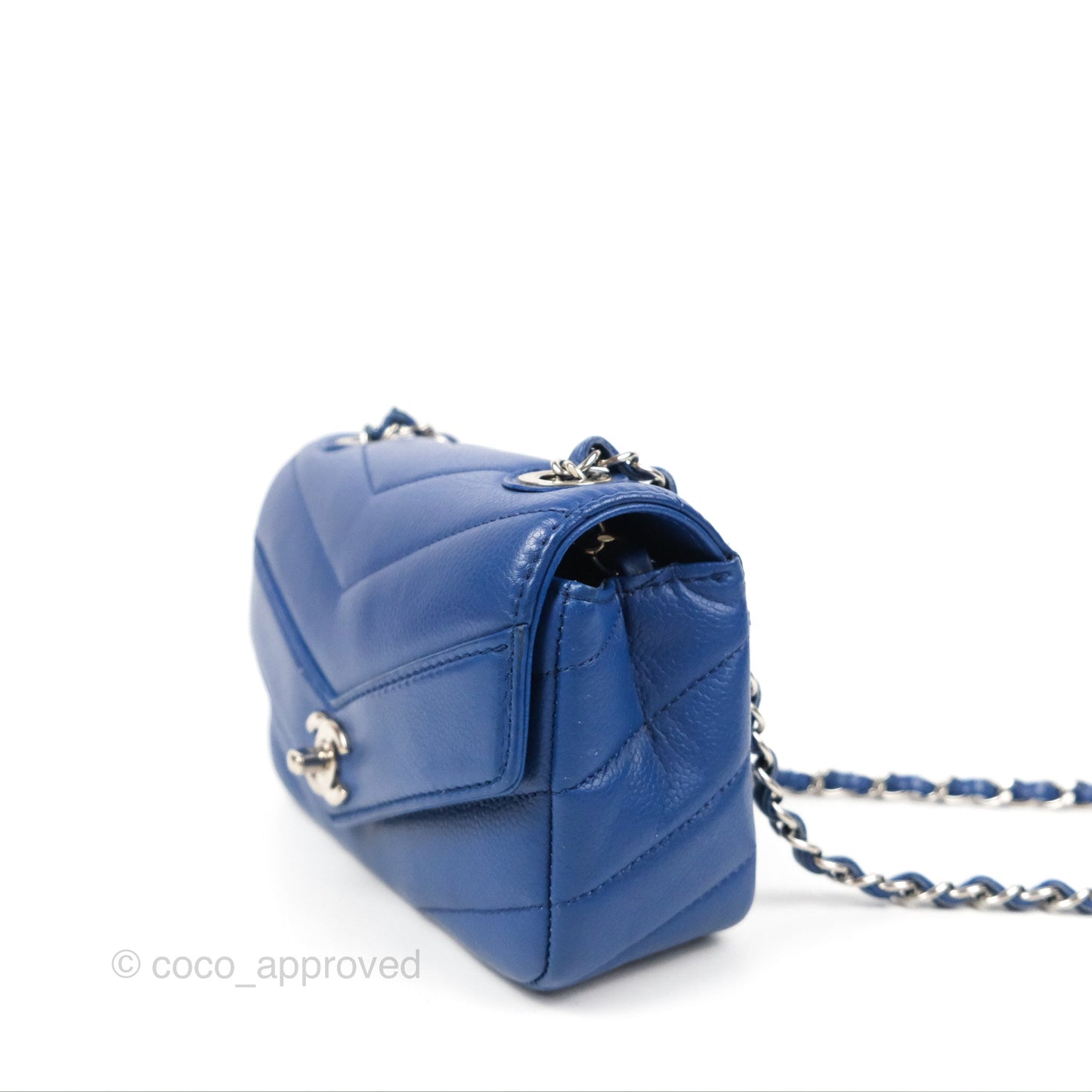 Chanel Chevron Flap Blue Grained Calfskin Silver Hardware