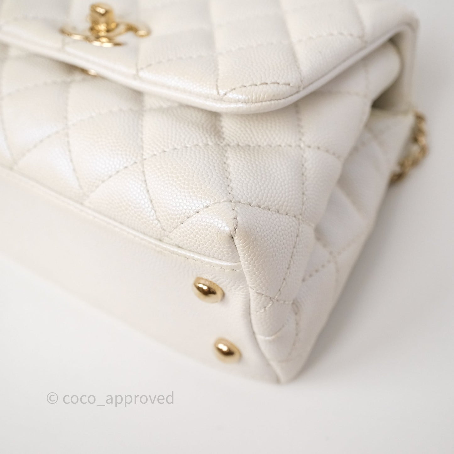 Chanel Mini Coco Handle Quilted Iridescent White Caviar Gold Hardware