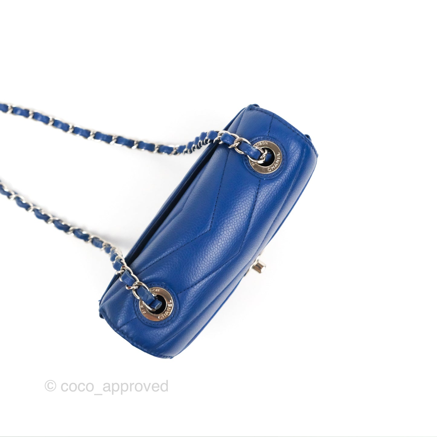 Chanel Chevron Flap Blue Grained Calfskin Silver Hardware