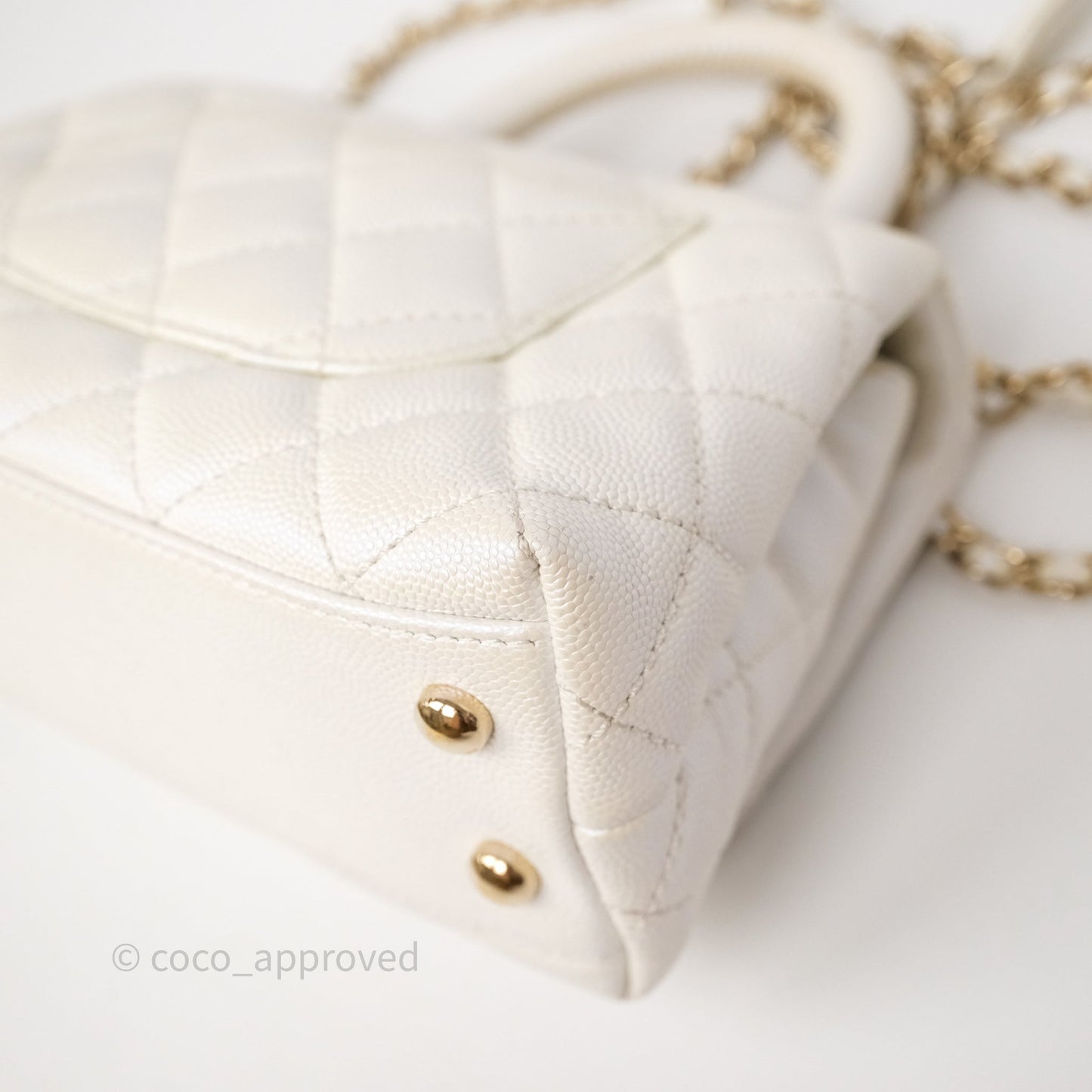 Chanel Mini Coco Handle Quilted Iridescent White Caviar Gold Hardware