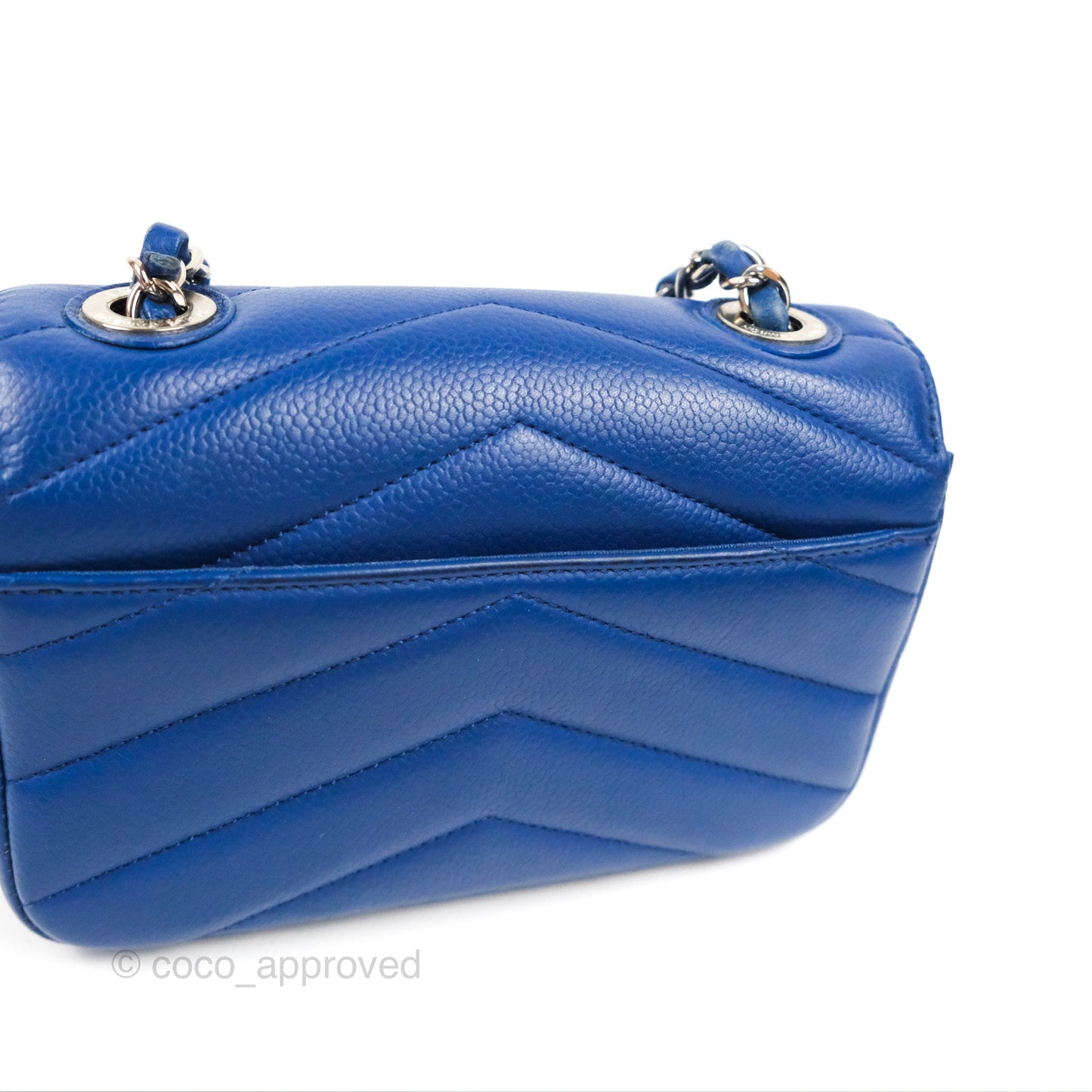 Chanel Chevron Flap Blue Grained Calfskin Silver Hardware