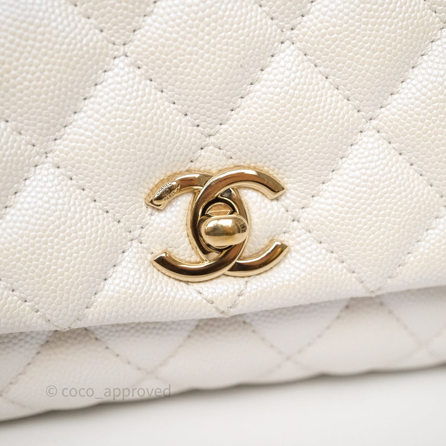 Chanel Mini Coco Handle Quilted Iridescent White Caviar Gold Hardware