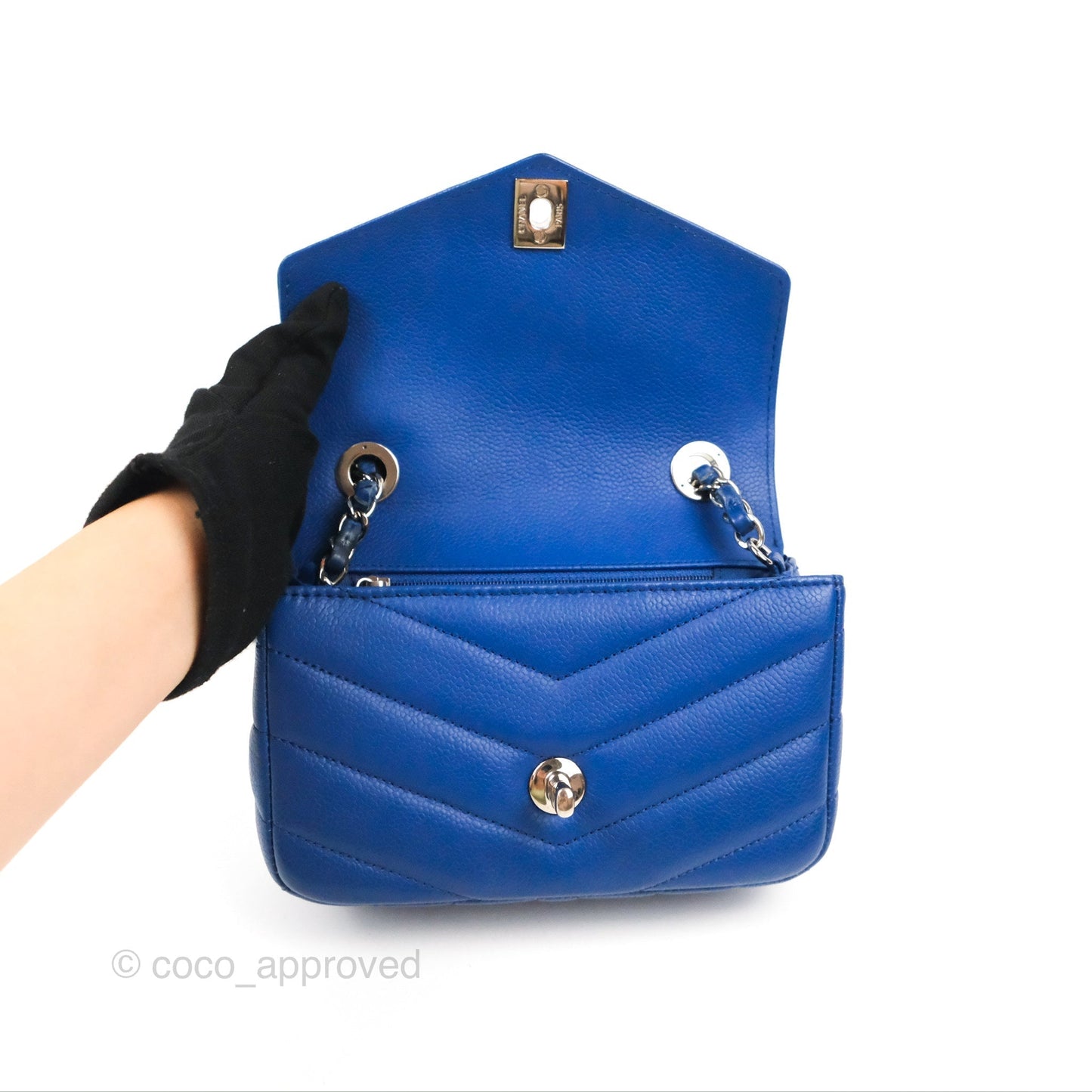 Chanel Chevron Flap Blue Grained Calfskin Silver Hardware