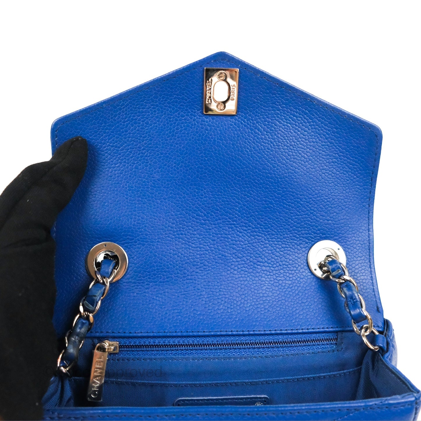 Chanel Chevron Flap Blue Grained Calfskin Silver Hardware