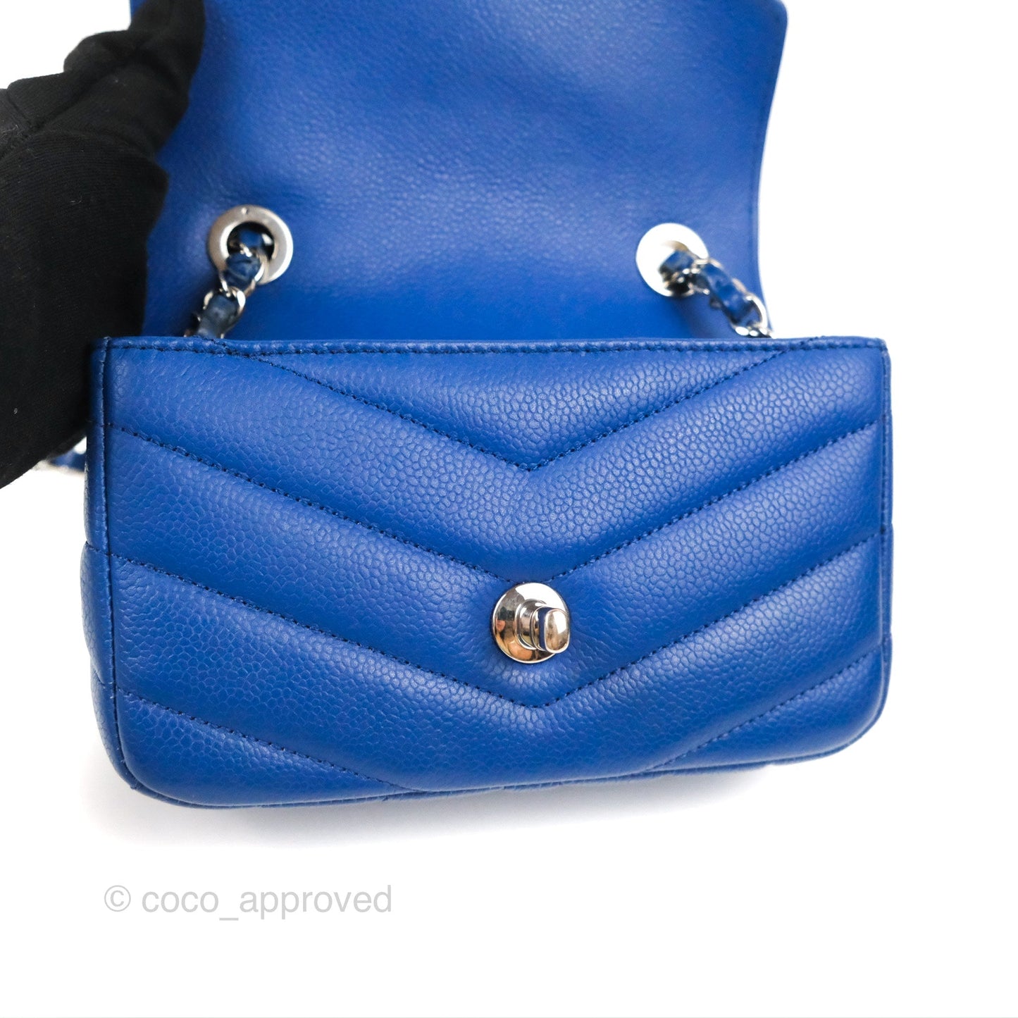 Chanel Chevron Flap Blue Grained Calfskin Silver Hardware