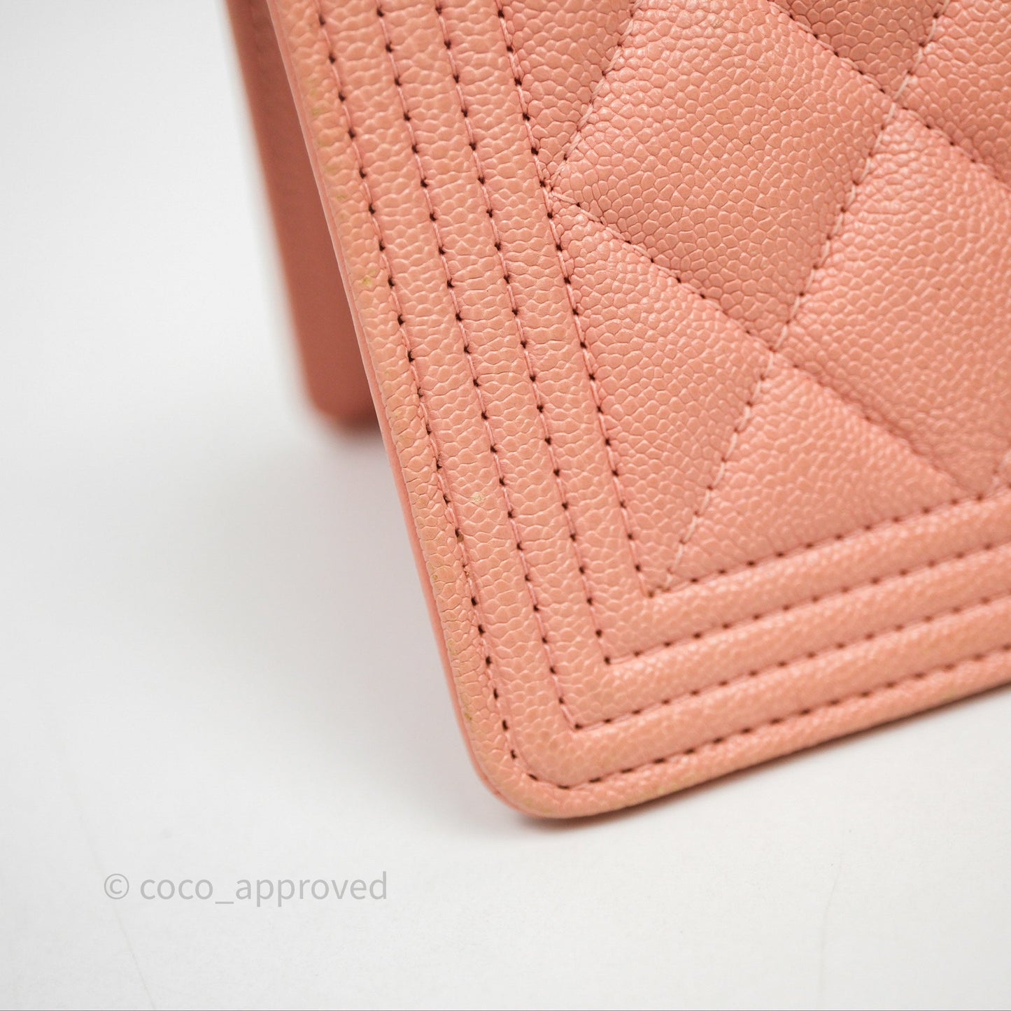 Chanel Boy Quilted Long Wallet Peach Caviar Aged Gold Hardware