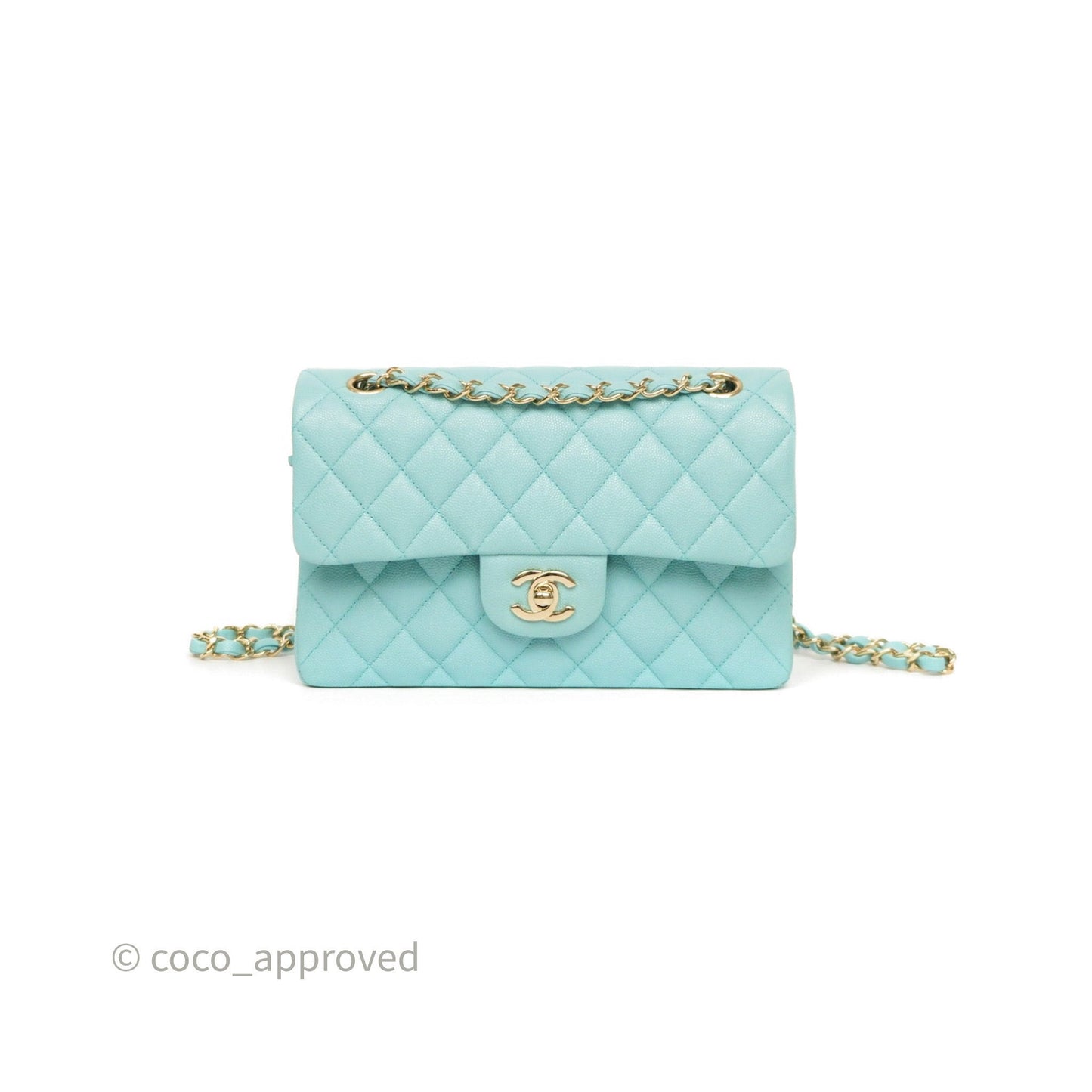 Chanel Small Classic Flap Quilted Light Tiffany Blue Caviar Gold Hardware