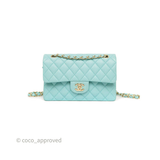 Chanel Small Classic Flap Quilted Light Tiffany Blue Caviar Gold Hardware