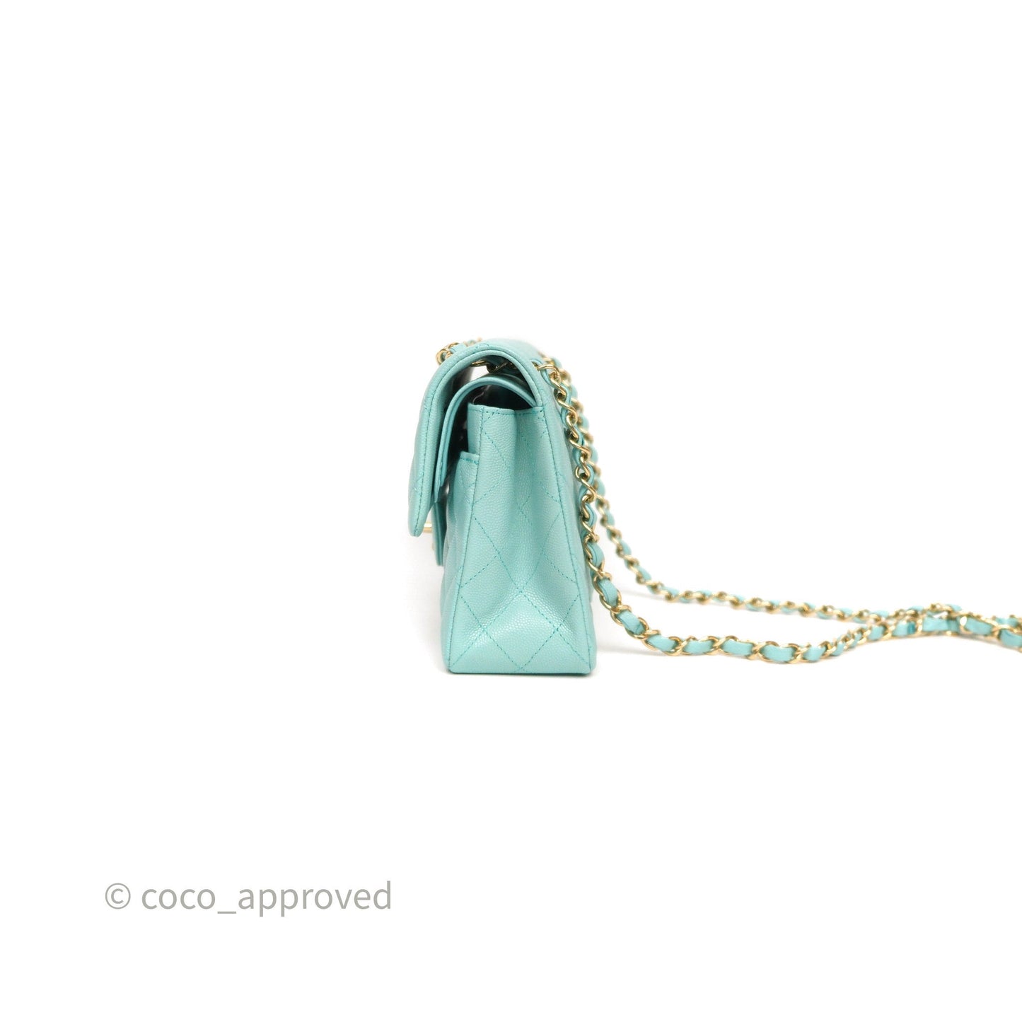 Chanel Small Classic Flap Quilted Light Tiffany Blue Caviar Gold Hardware