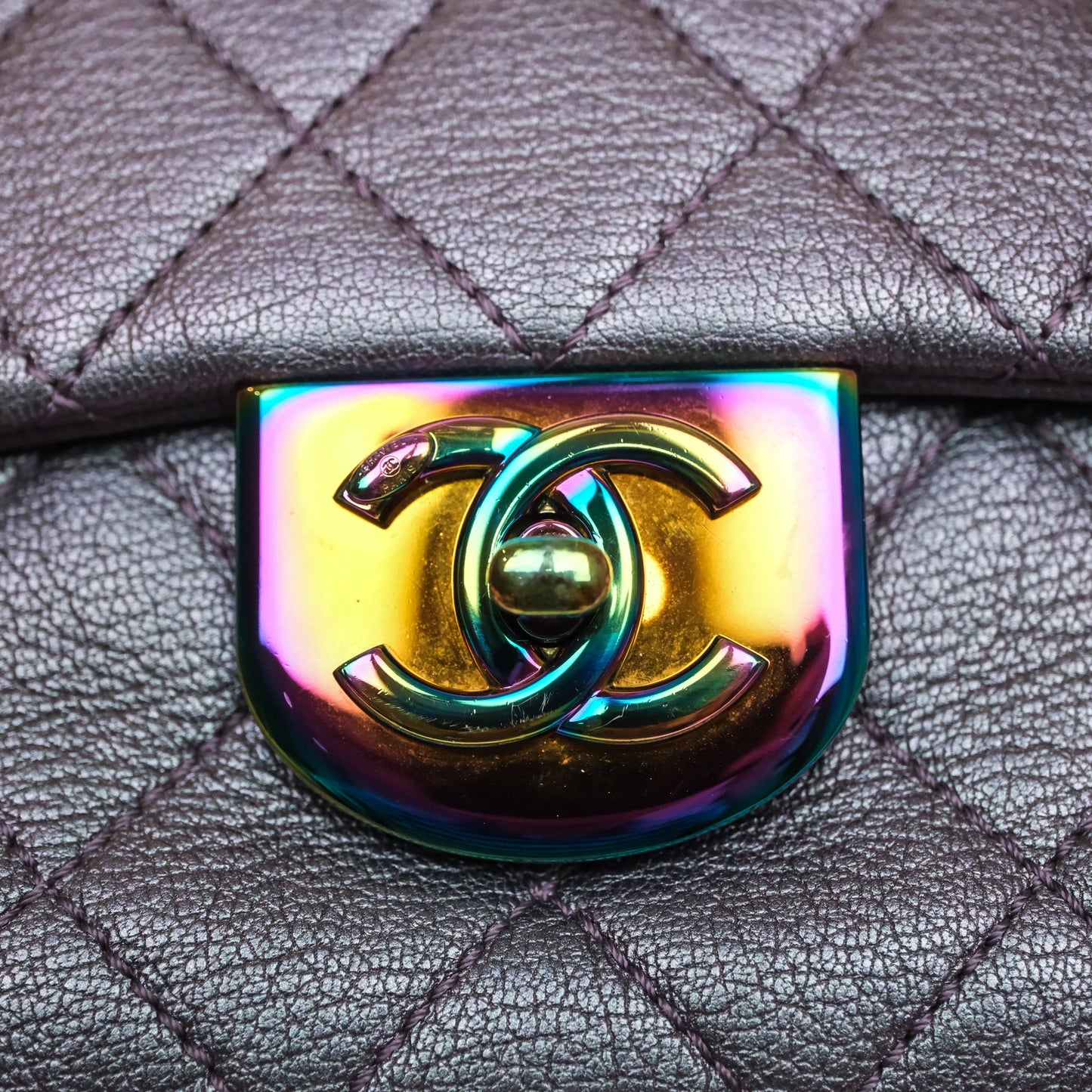 Chanel Quilted Double Carry Waist Chain Flap Iridescent Purple Goatskin Rainbow Hardware