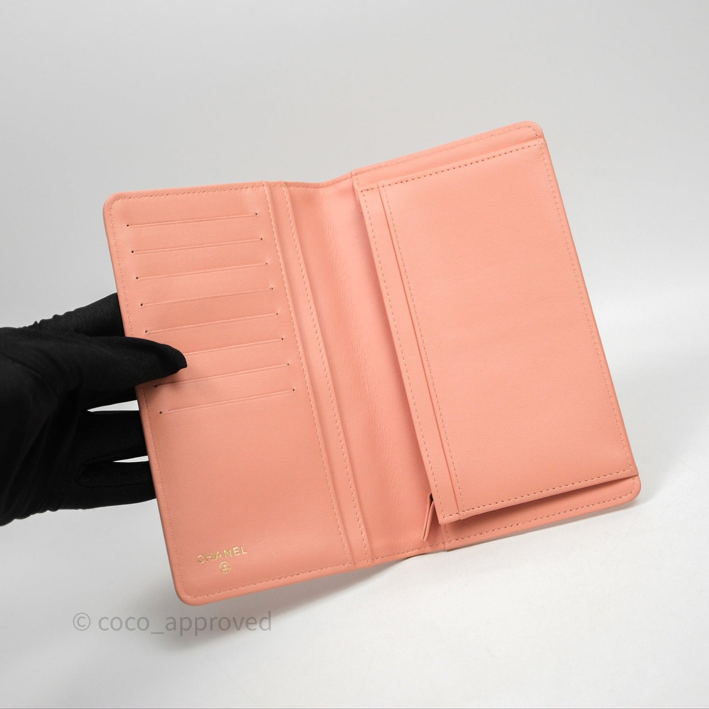 Chanel Boy Quilted Long Wallet Peach Caviar Aged Gold Hardware