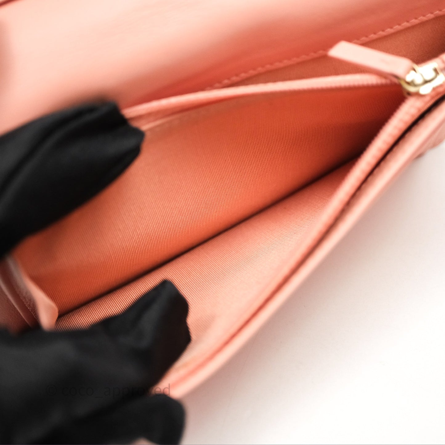 Chanel Boy Quilted Long Wallet Peach Caviar Aged Gold Hardware