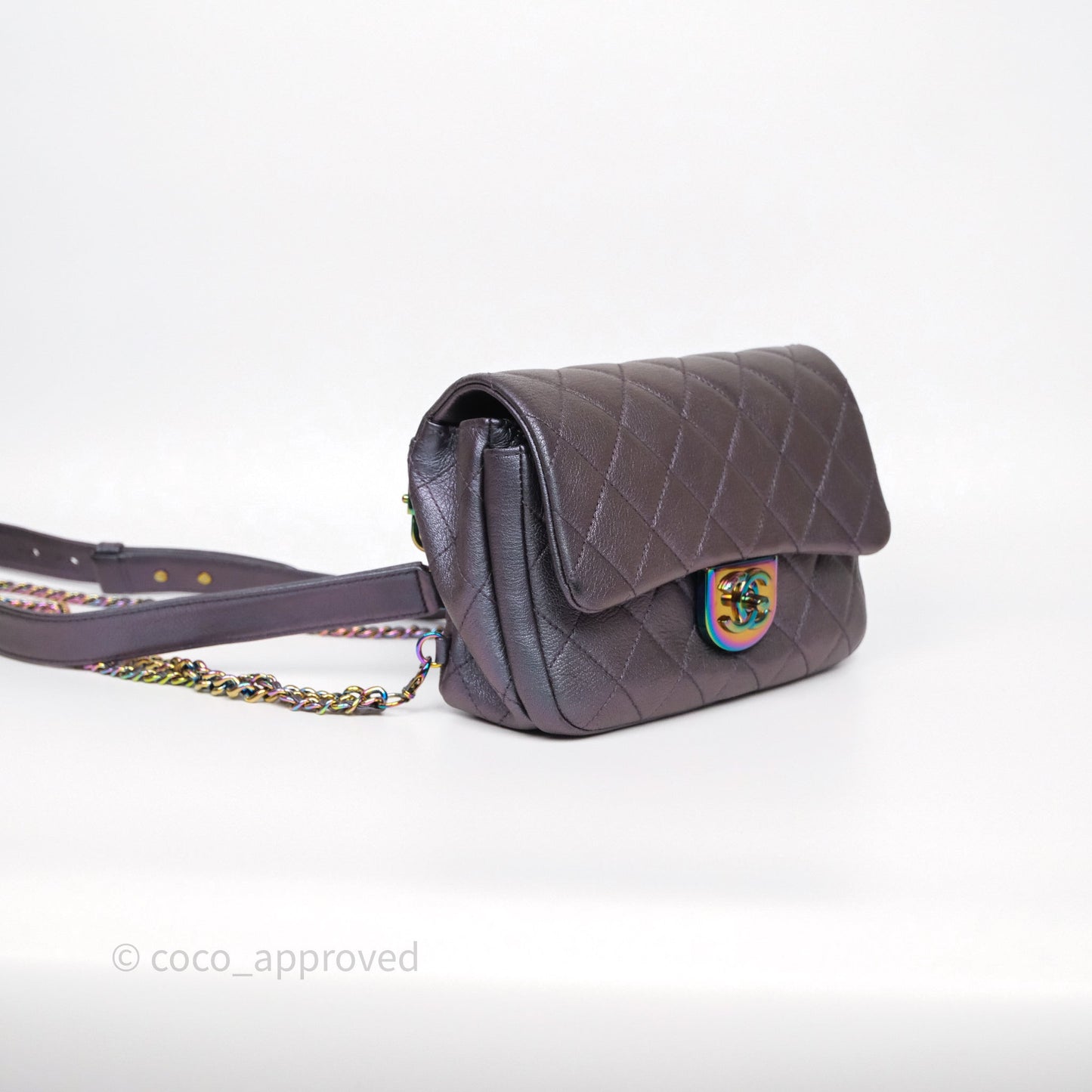 Chanel Quilted Double Carry Waist Chain Flap Iridescent Purple Goatskin Rainbow Hardware