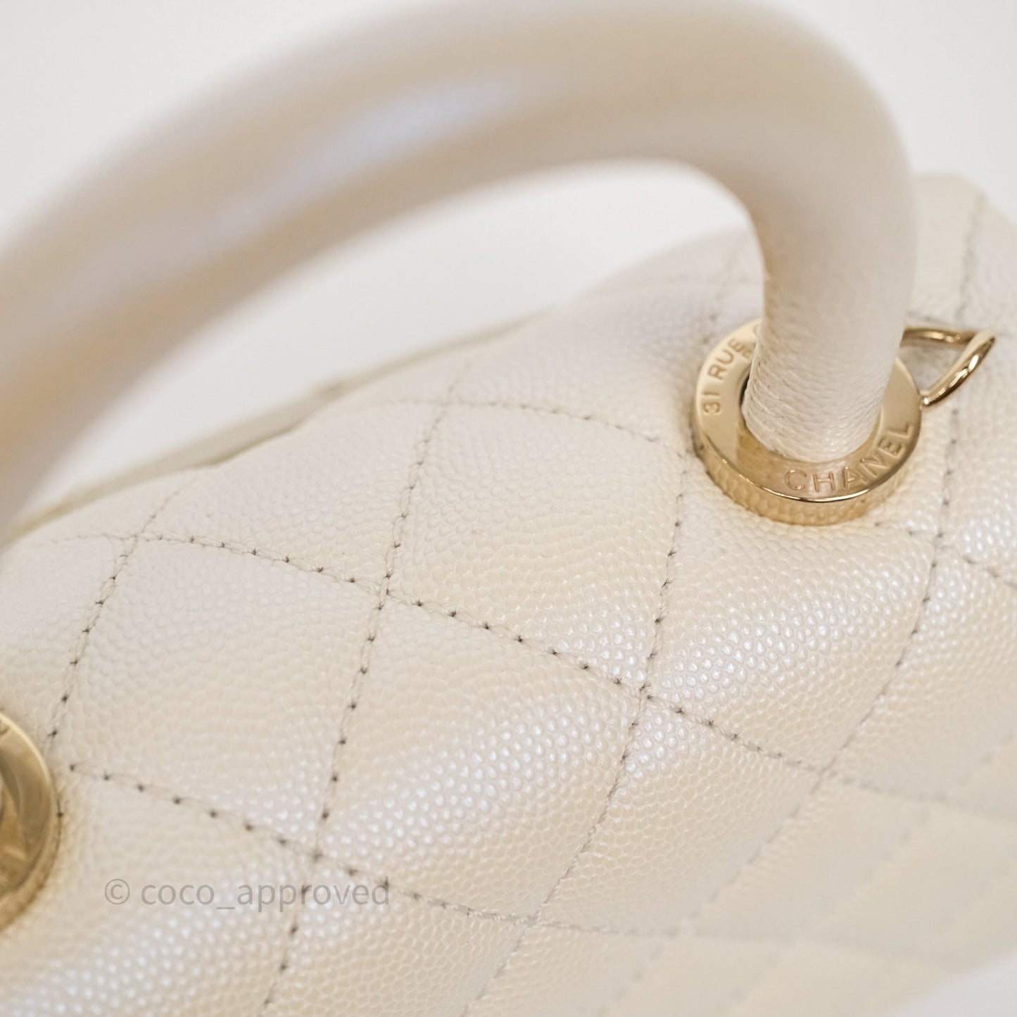 Chanel Mini Coco Handle Quilted Iridescent White Caviar Gold Hardware