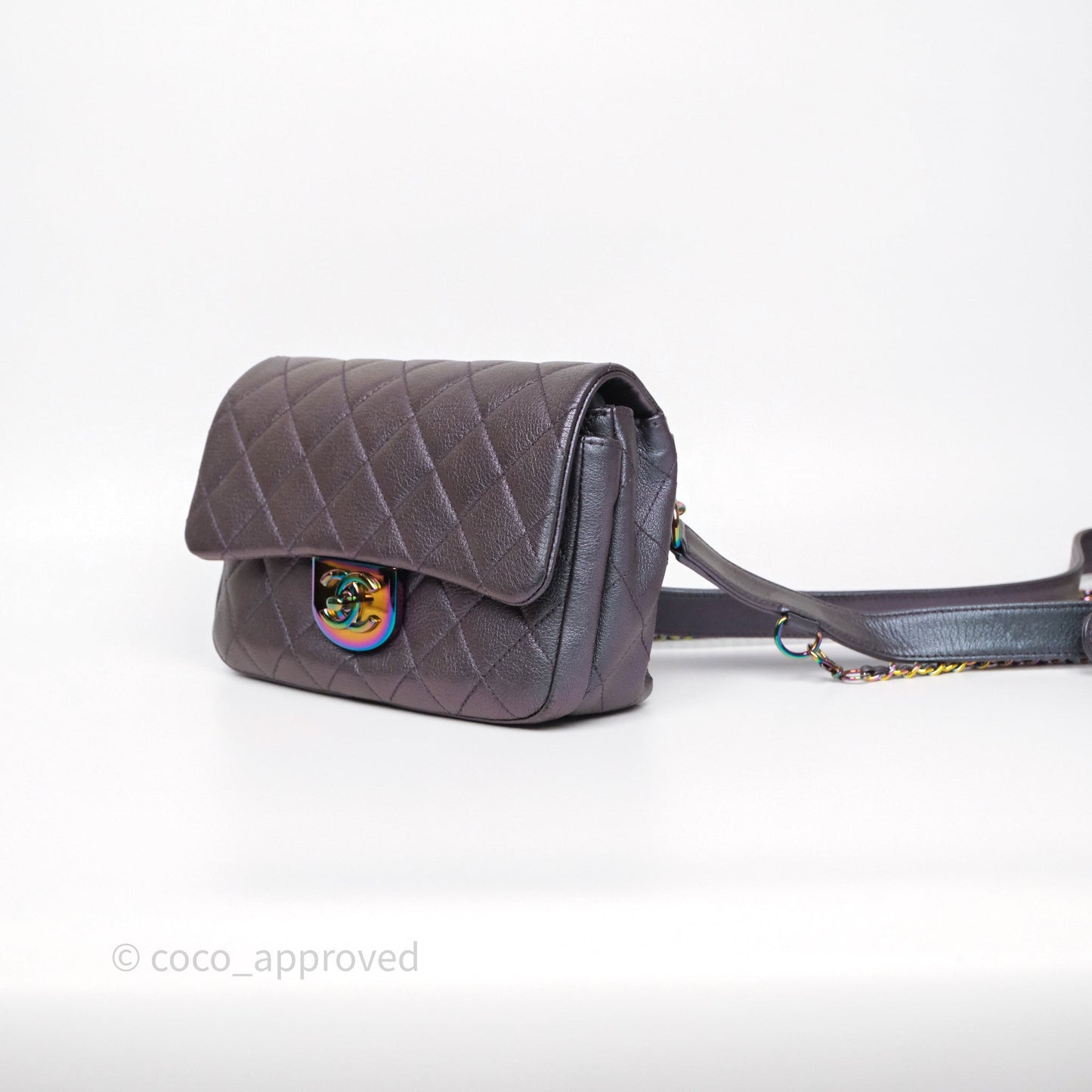 Chanel Quilted Double Carry Waist Chain Flap Iridescent Purple Goatskin Rainbow Hardware