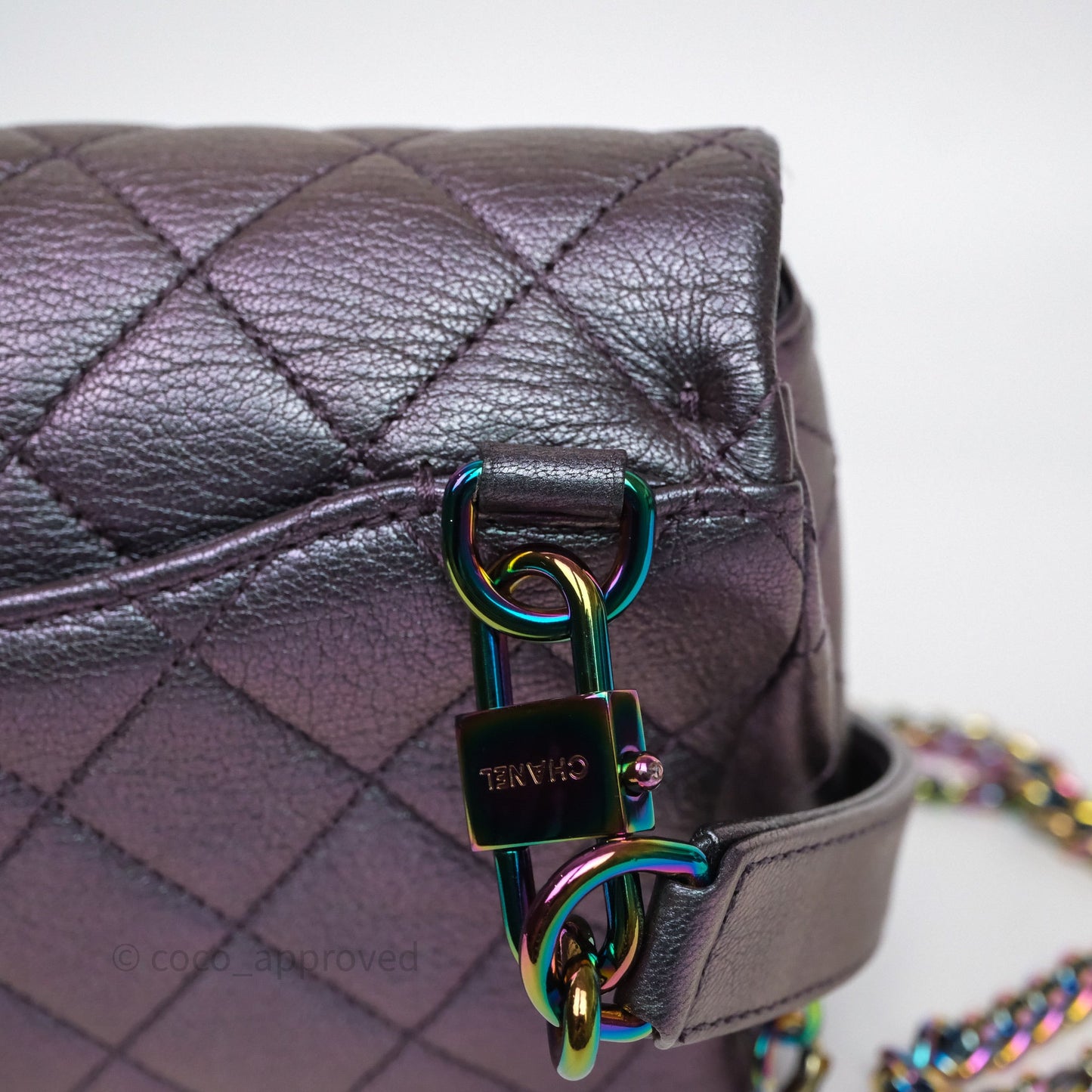 Chanel Quilted Double Carry Waist Chain Flap Iridescent Purple Goatskin Rainbow Hardware