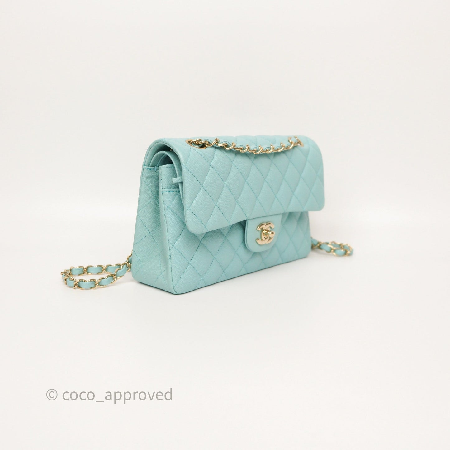 Chanel Small Classic Flap Quilted Light Tiffany Blue Caviar Gold Hardware