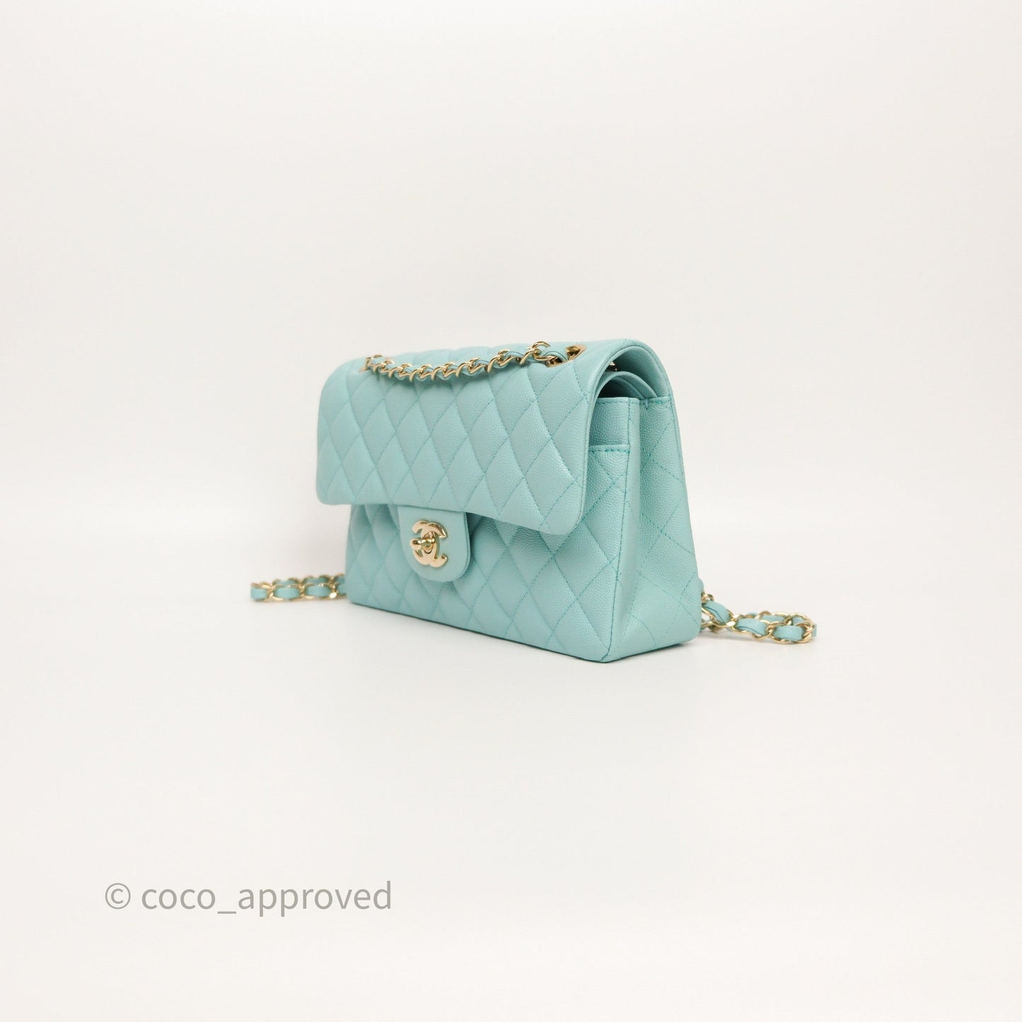 Chanel Small Classic Flap Quilted Light Tiffany Blue Caviar Gold Hardware