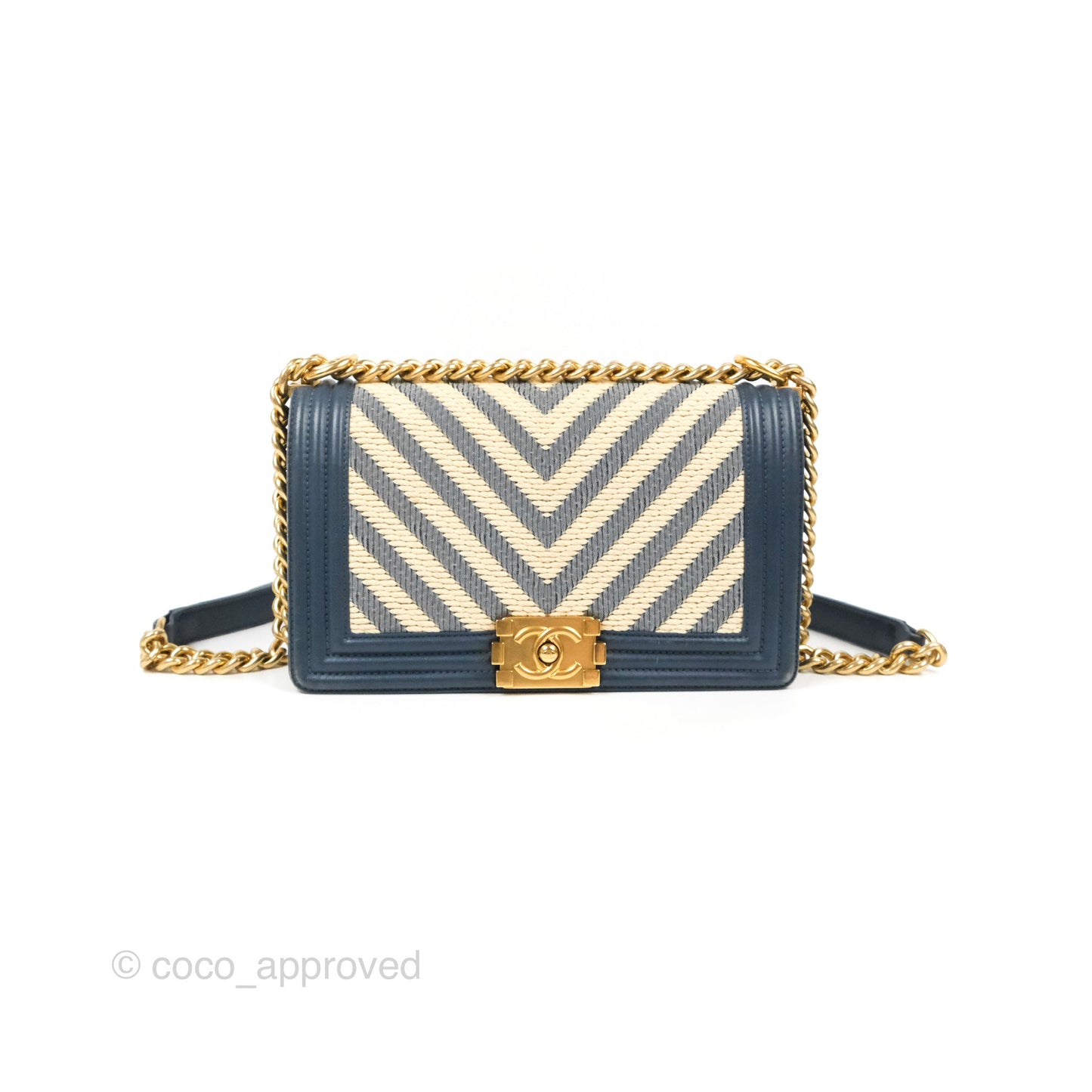 Chanel Medium Boy Chevron Braided Fabric Navy Calfskin Aged Gold Hardware