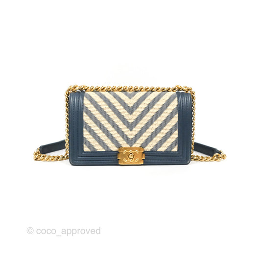 Chanel Medium Boy Chevron Braided Fabric Navy Calfskin Aged Gold Hardware