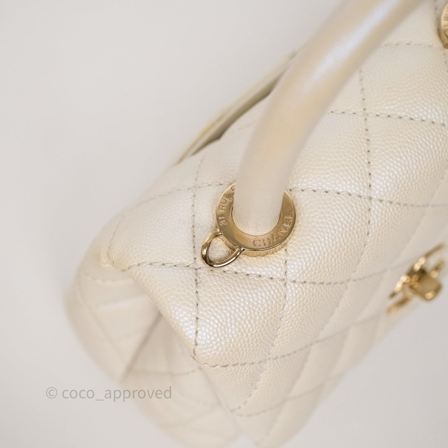 Chanel Mini Coco Handle Quilted Iridescent White Caviar Gold Hardware