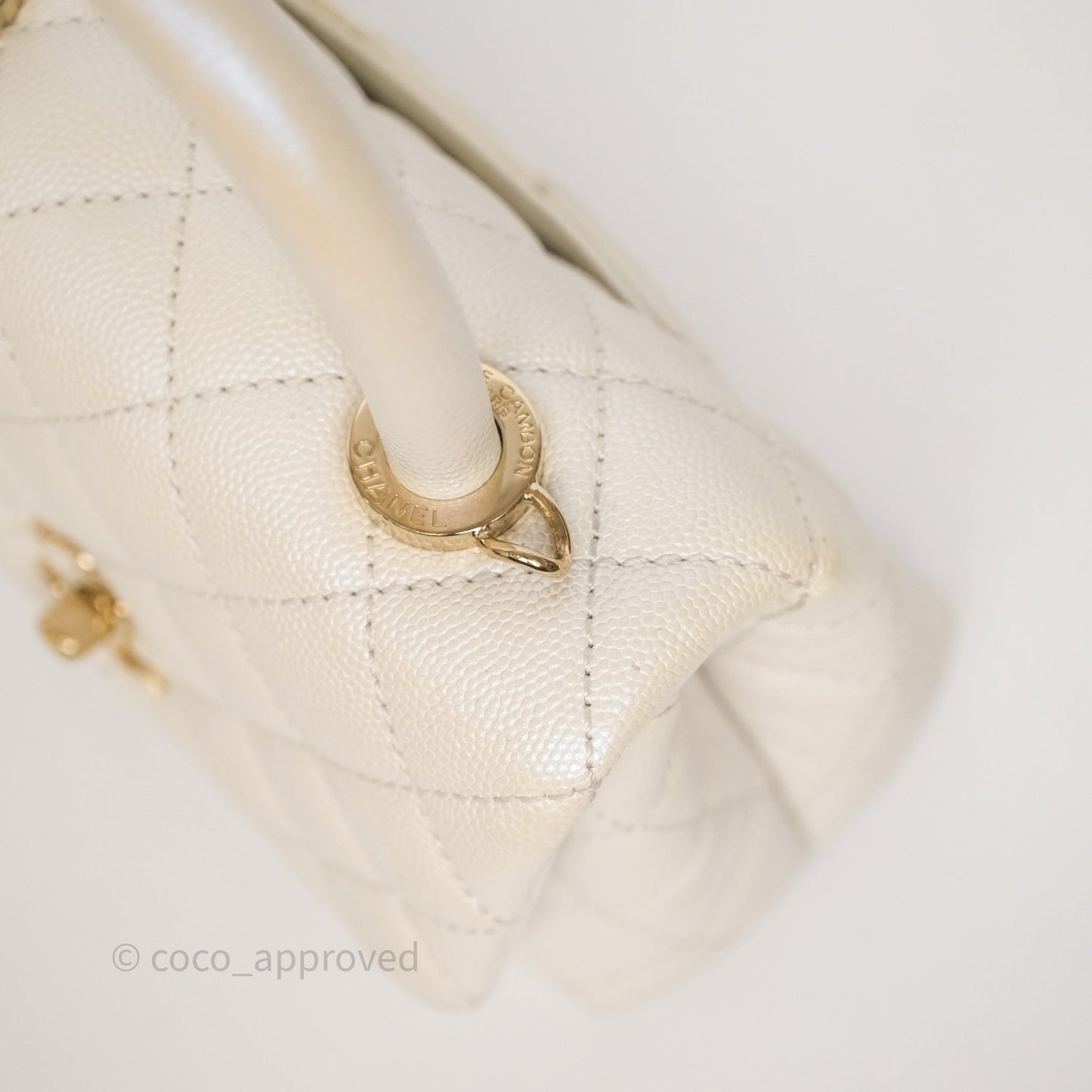 Chanel Mini Coco Handle Quilted Iridescent White Caviar Gold Hardware