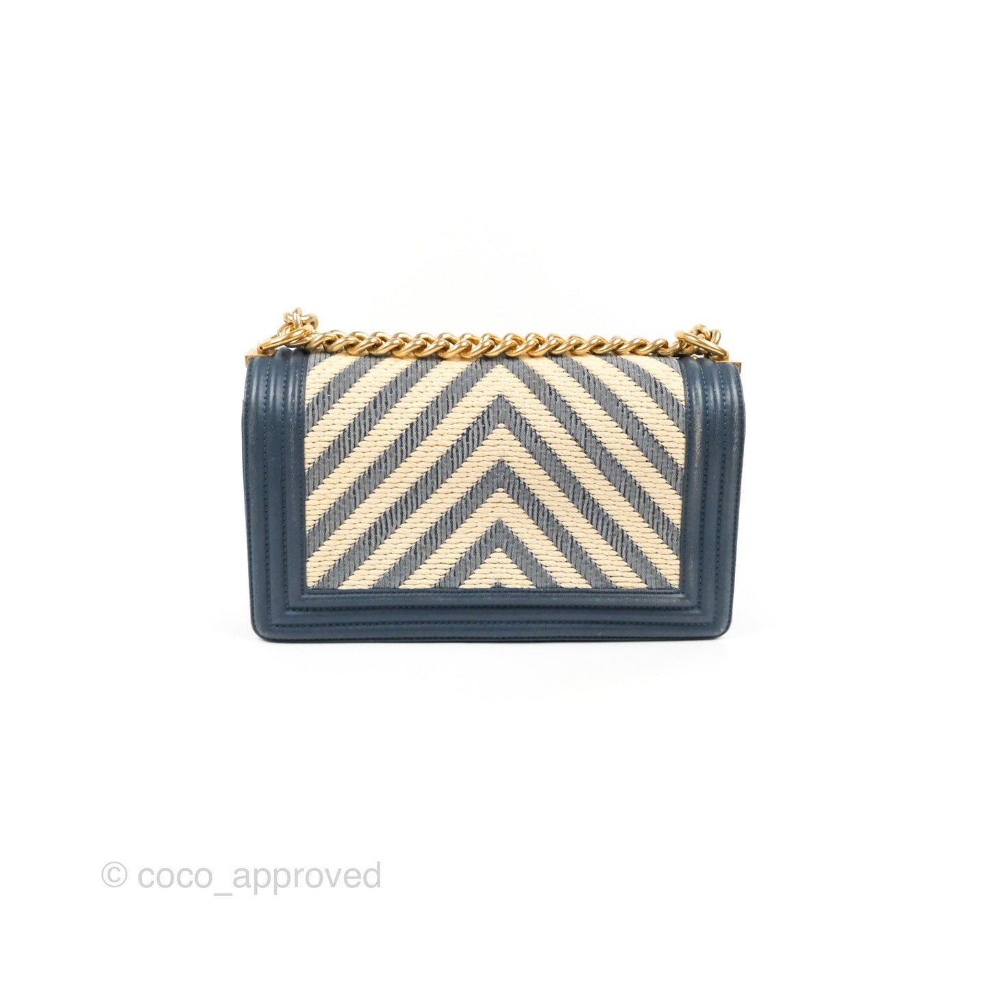 Chanel Medium Boy Chevron Braided Fabric Navy Calfskin Aged Gold Hardware