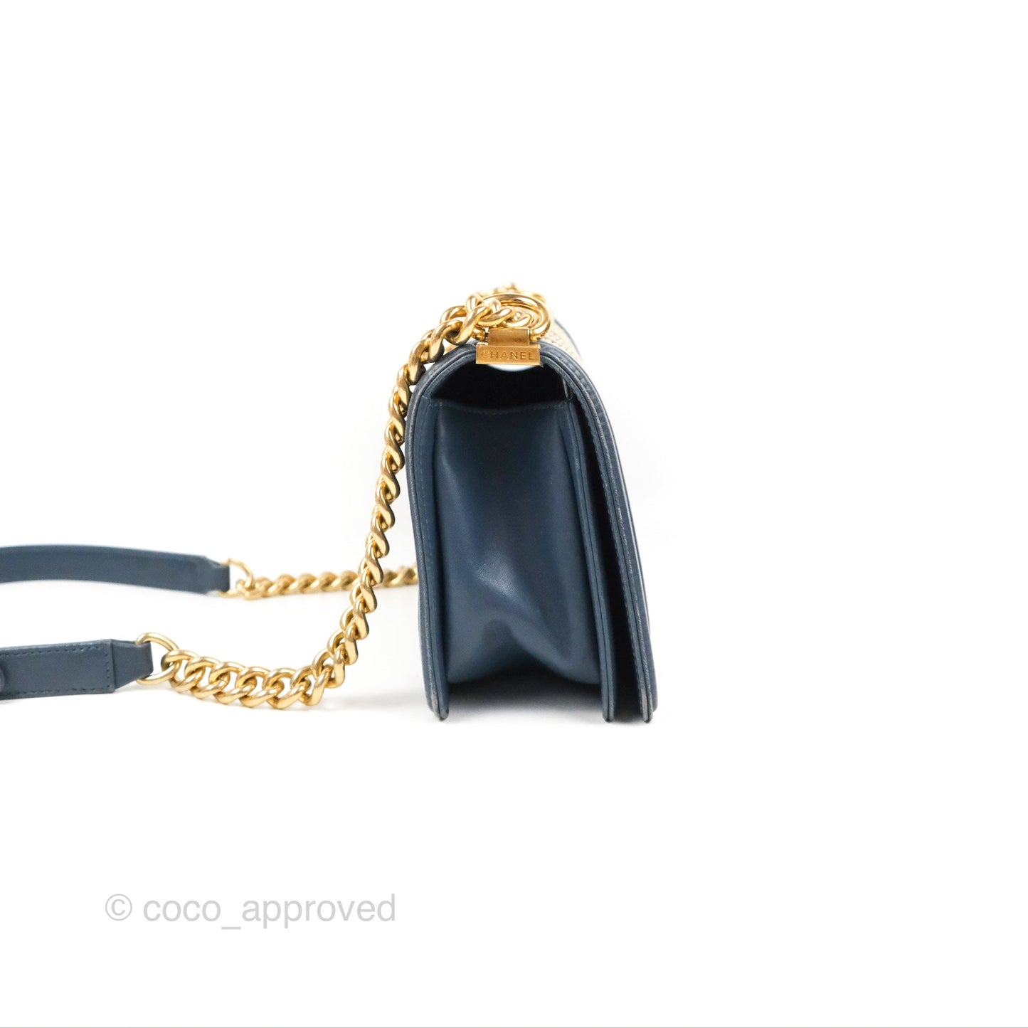 Chanel Medium Boy Chevron Braided Fabric Navy Calfskin Aged Gold Hardware