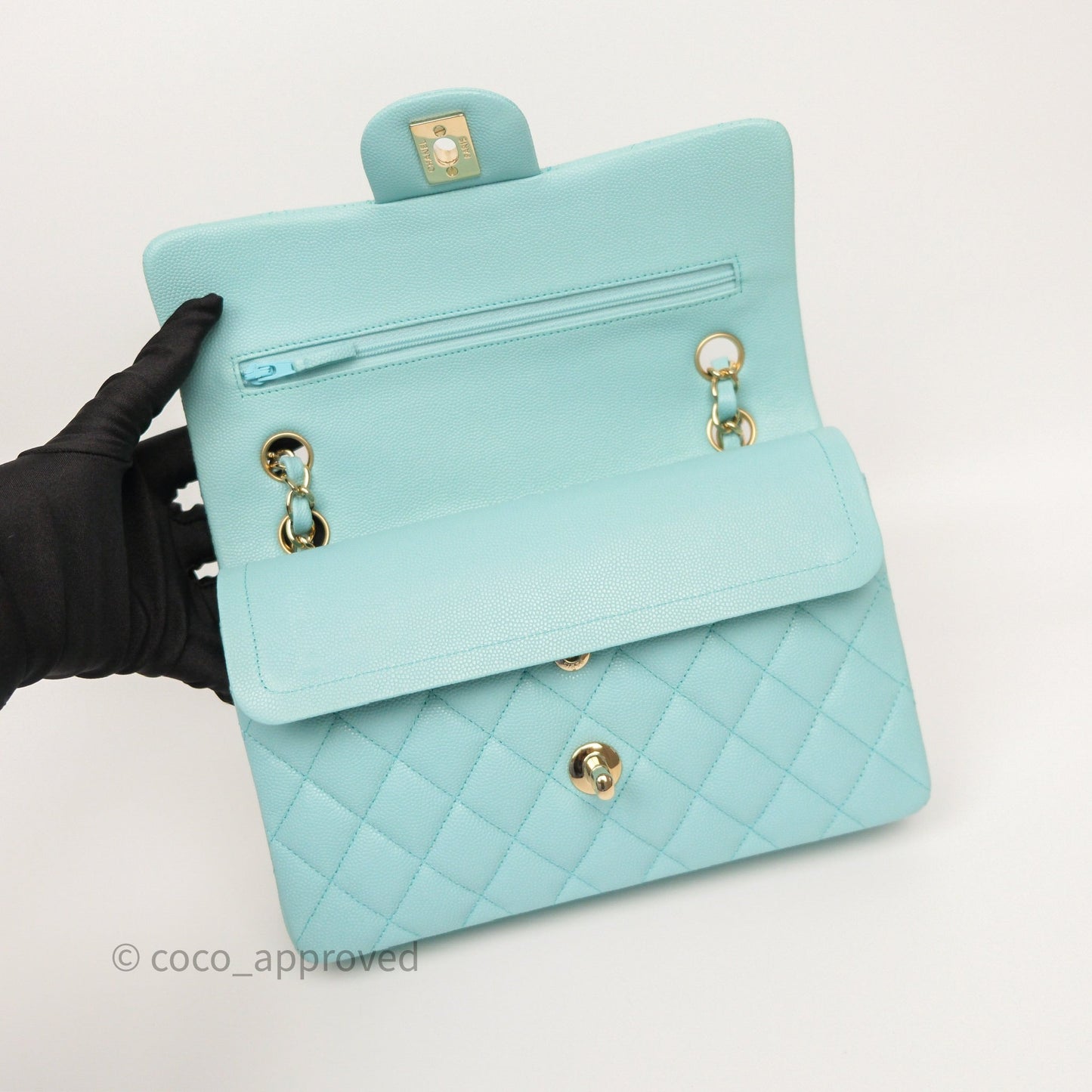 Chanel Small Classic Flap Quilted Light Tiffany Blue Caviar Gold Hardware