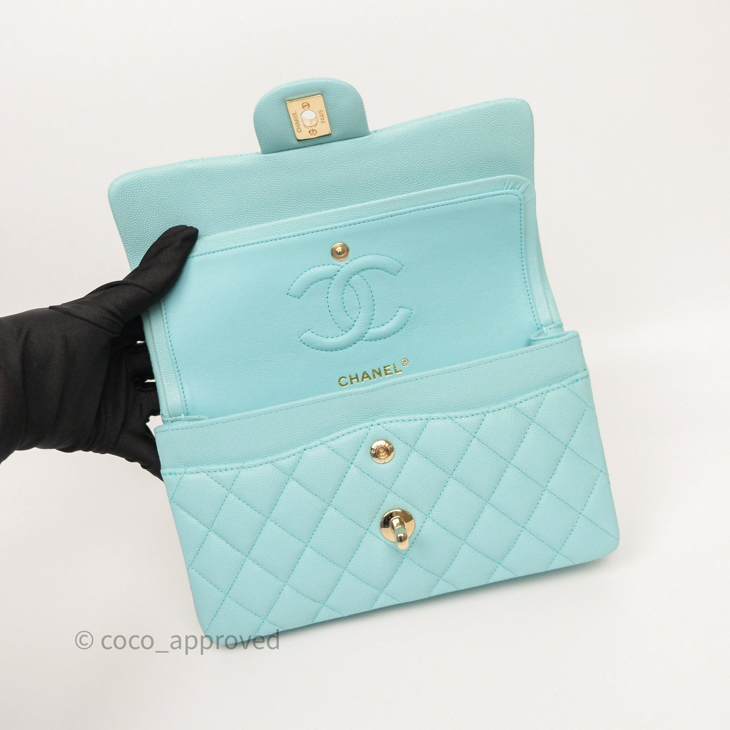 Chanel Small Classic Flap Quilted Light Tiffany Blue Caviar Gold Hardware