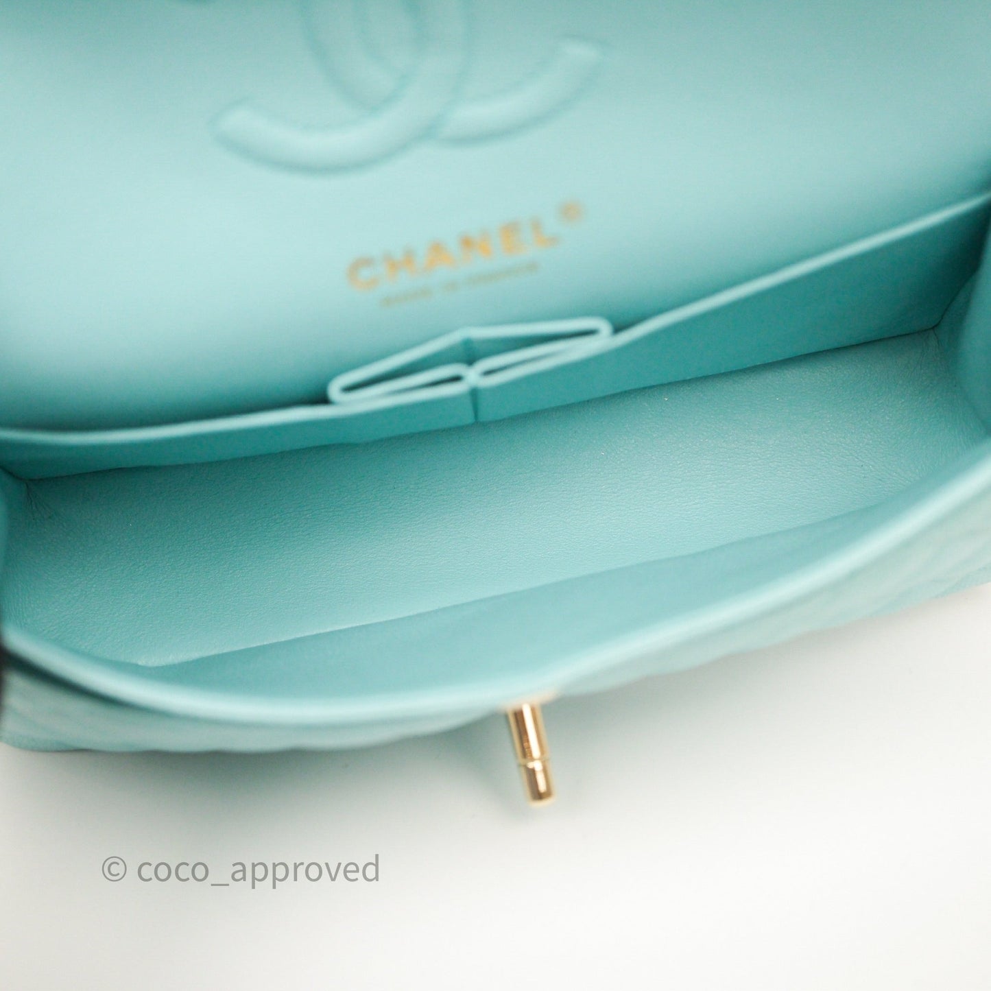 Chanel Small Classic Flap Quilted Light Tiffany Blue Caviar Gold Hardware