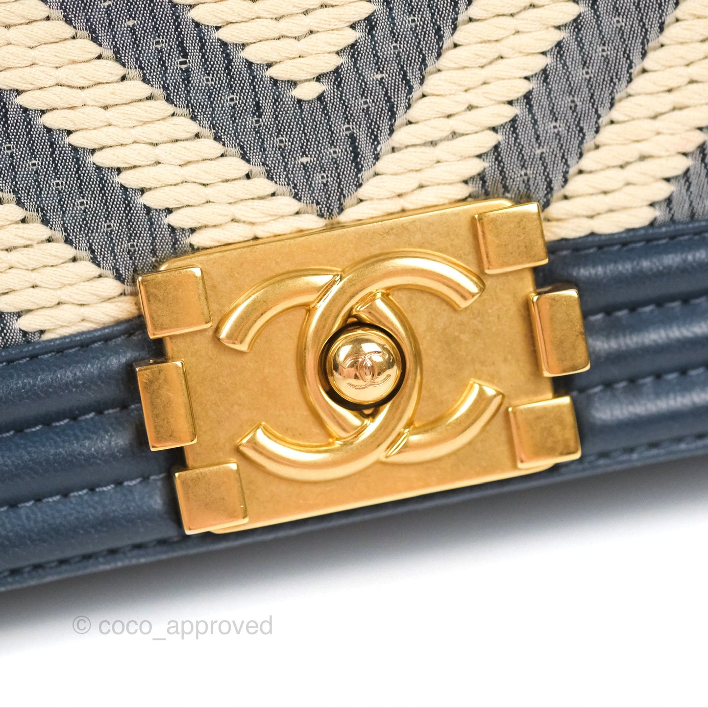 Chanel Medium Boy Chevron Braided Fabric Navy Calfskin Aged Gold Hardware