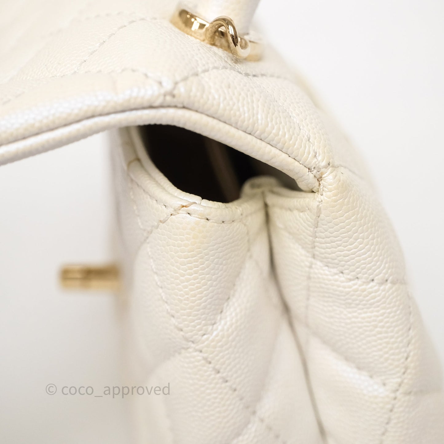 Chanel Mini Coco Handle Quilted Iridescent White Caviar Gold Hardware