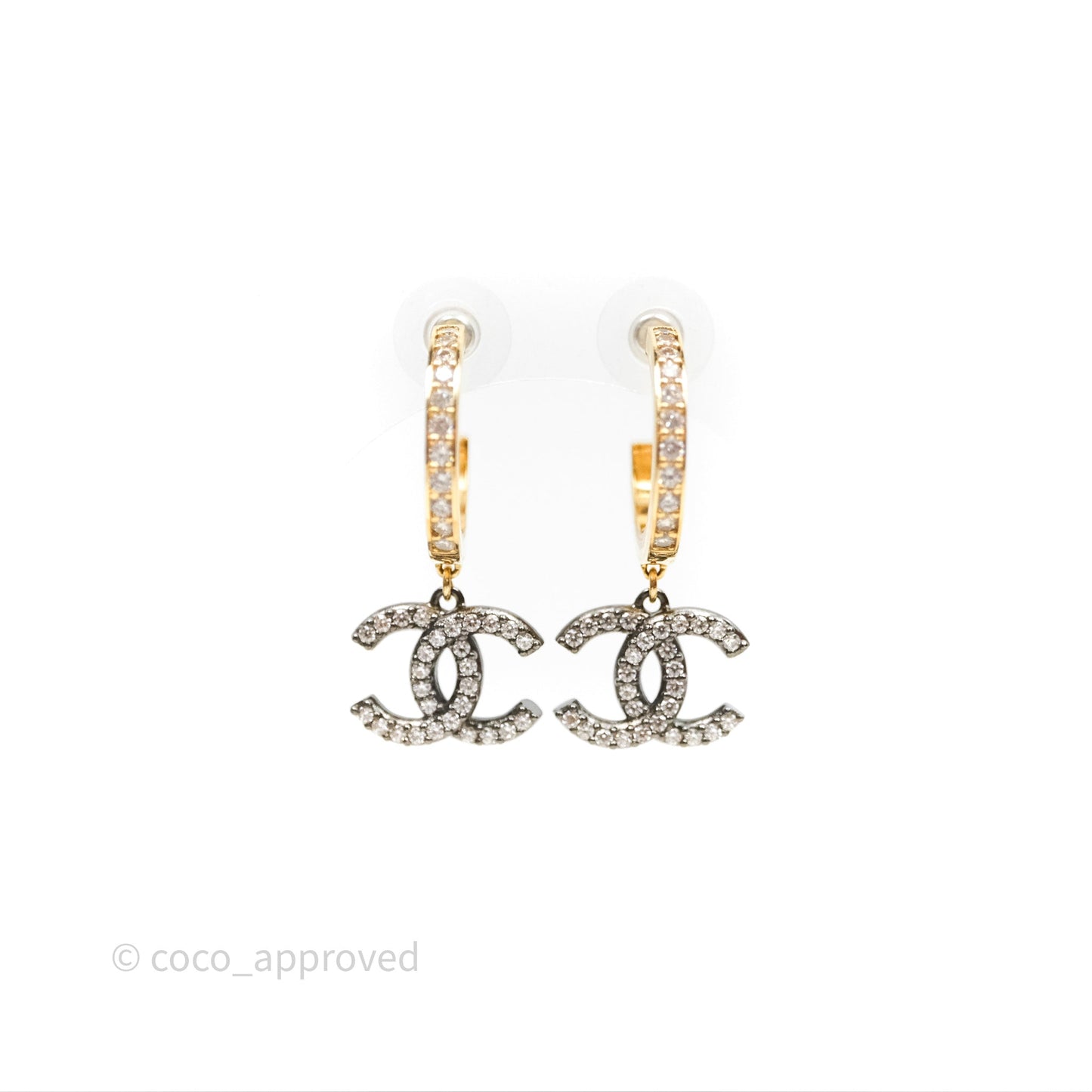 Chanel CC Hoop Logo Crystals Gold Gun Metal Earrings 20A
