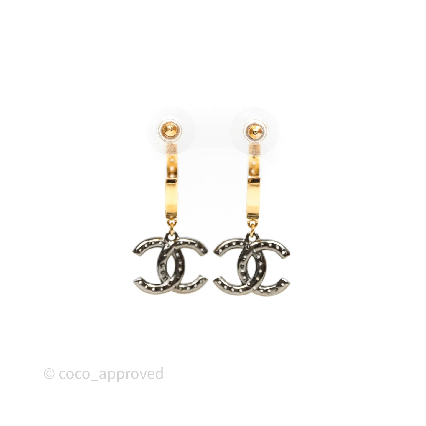 Chanel CC Hoop Logo Crystals Gold Gun Metal Earrings 20A