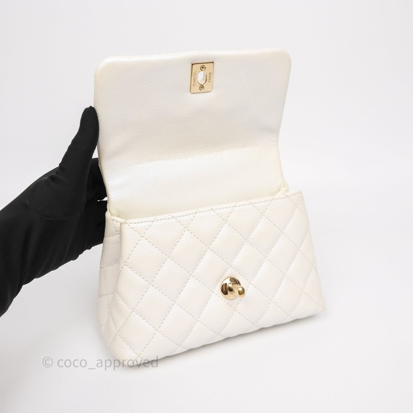 Chanel Mini Coco Handle Quilted Iridescent White Caviar Gold Hardware