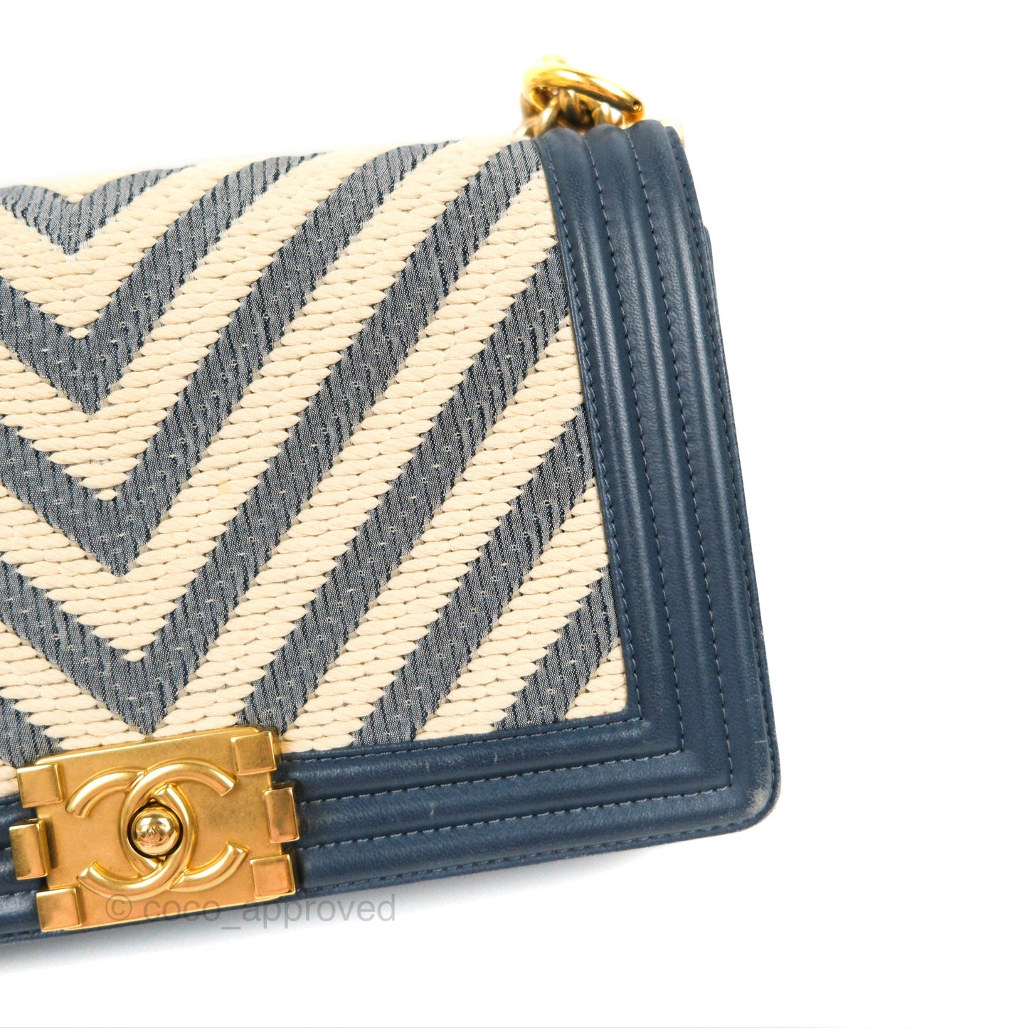 Chanel Medium Boy Chevron Braided Fabric Navy Calfskin Aged Gold Hardware