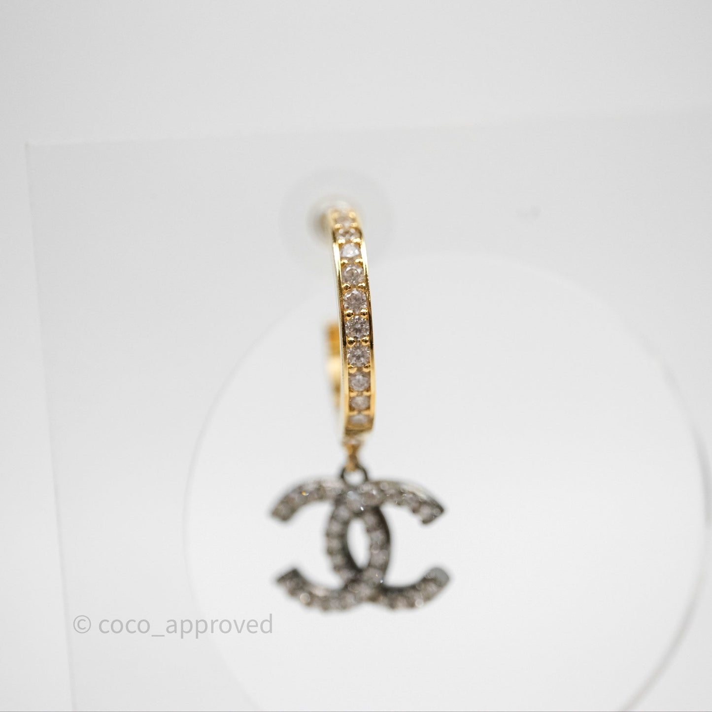 Chanel CC Hoop Logo Crystals Gold Gun Metal Earrings 20A