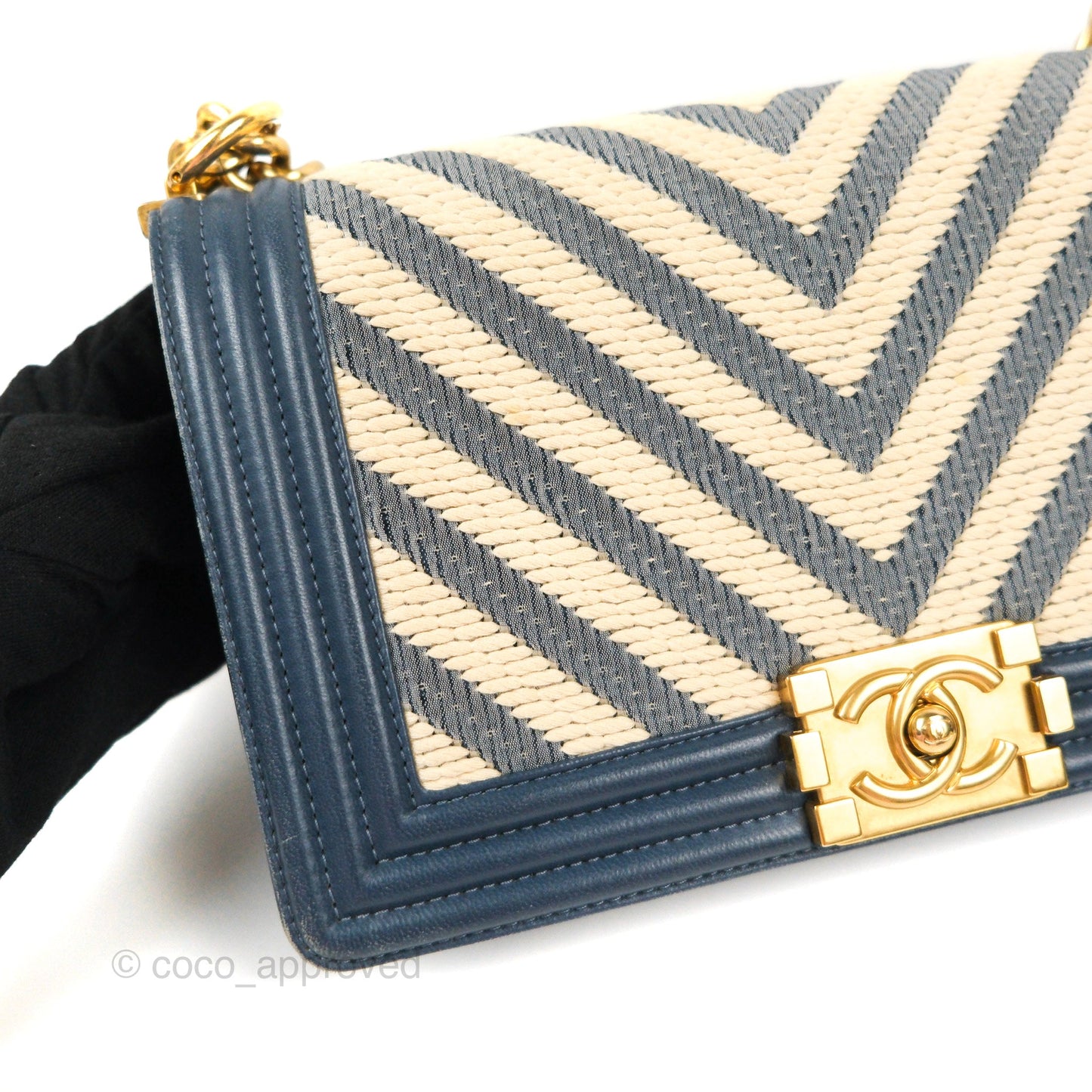 Chanel Medium Boy Chevron Braided Fabric Navy Calfskin Aged Gold Hardware