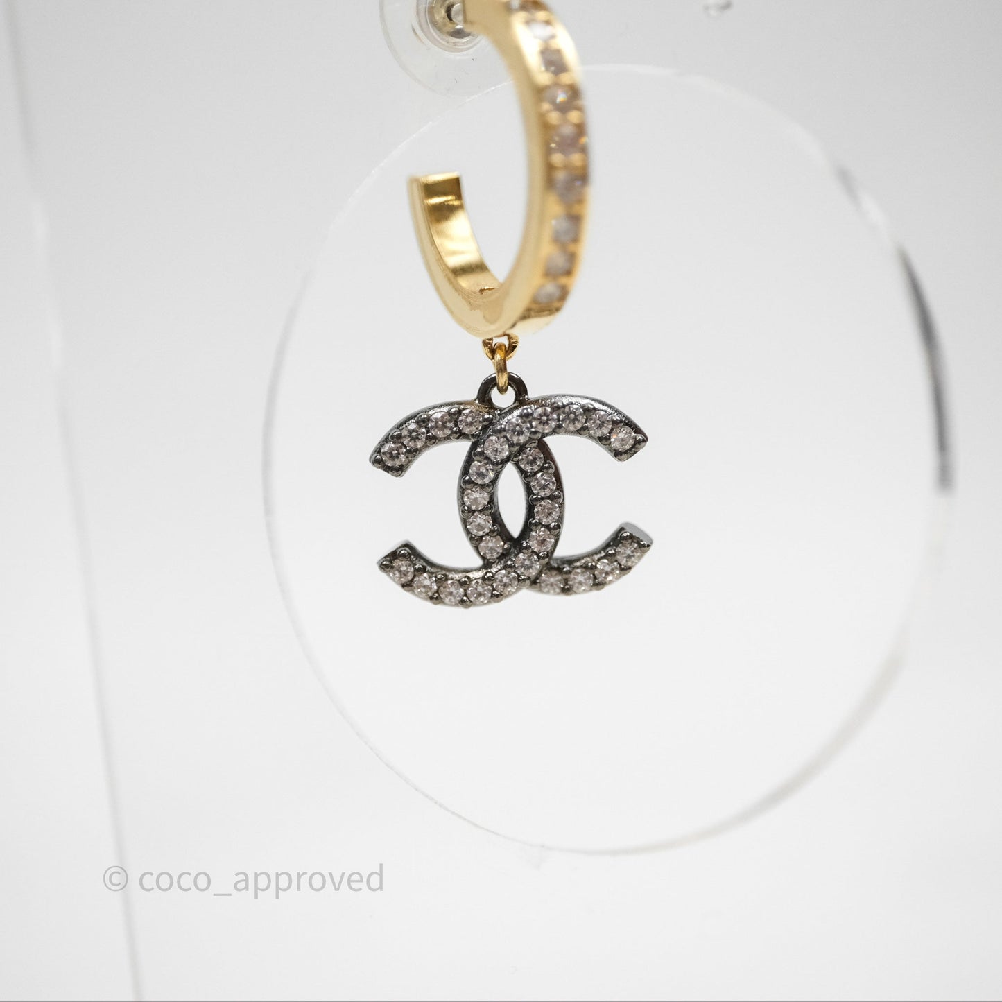 Chanel CC Hoop Logo Crystals Gold Gun Metal Earrings 20A