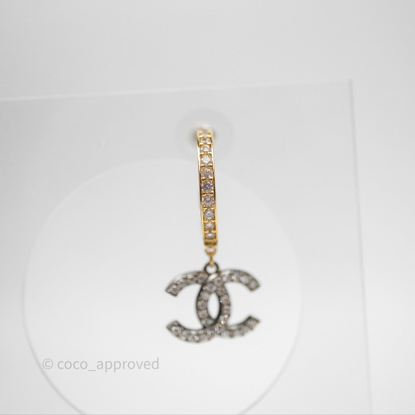 Chanel CC Hoop Logo Crystals Gold Gun Metal Earrings 20A