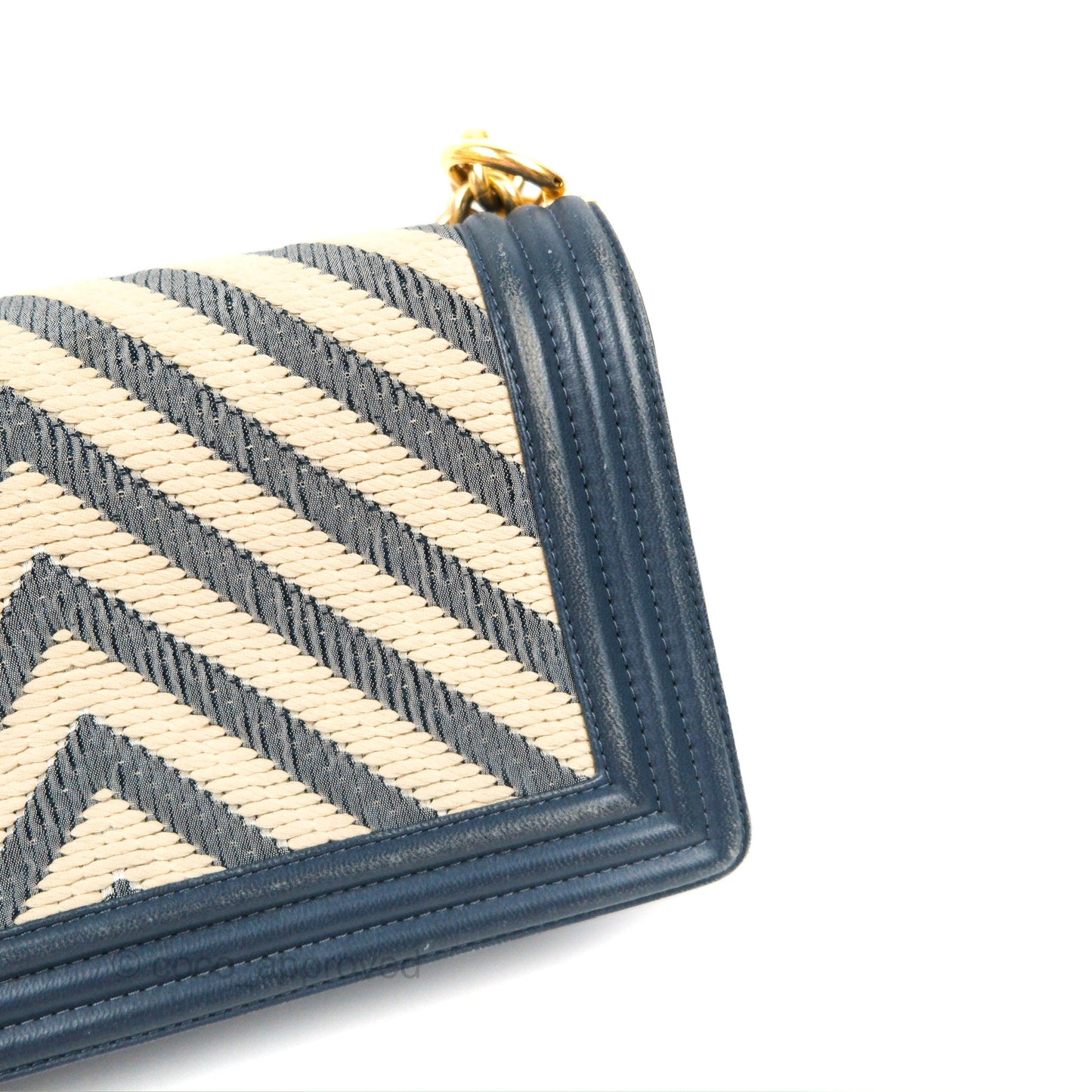 Chanel Medium Boy Chevron Braided Fabric Navy Calfskin Aged Gold Hardware