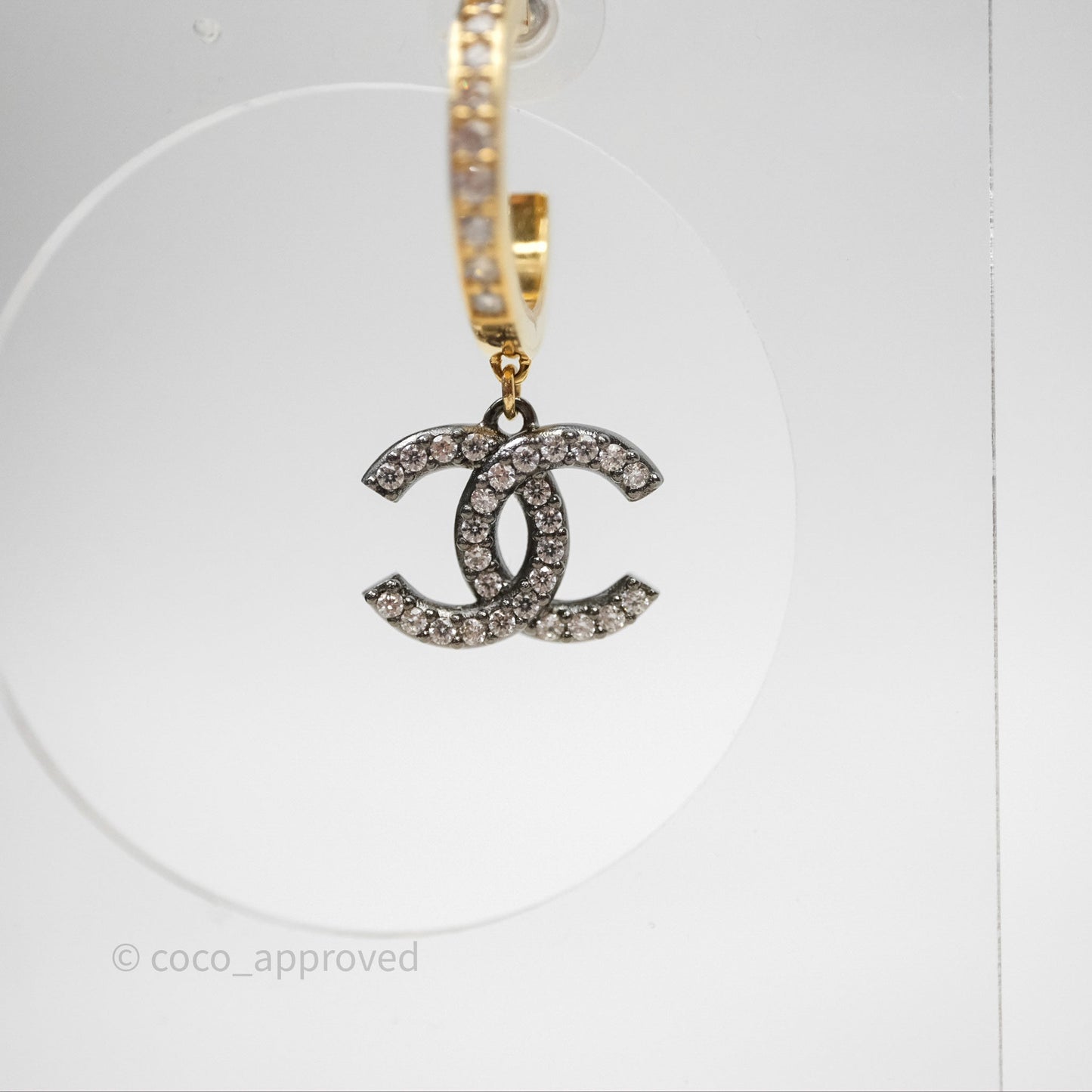 Chanel CC Hoop Logo Crystals Gold Gun Metal Earrings 20A