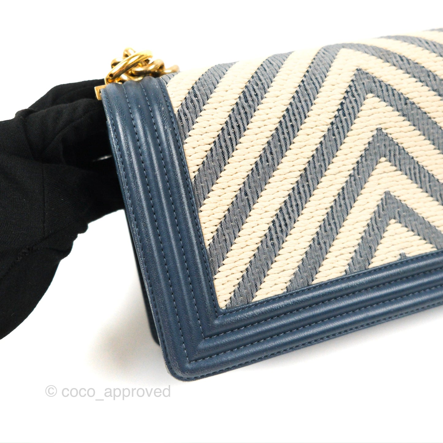 Chanel Medium Boy Chevron Braided Fabric Navy Calfskin Aged Gold Hardware